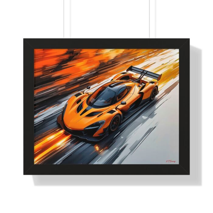 Limited Edition McLaren Inspired Supercar Wall Art Framed Print in Papaya Orange and Black Livery with Watercolor Style Textured Design | Collector’s Motorsport Artwork