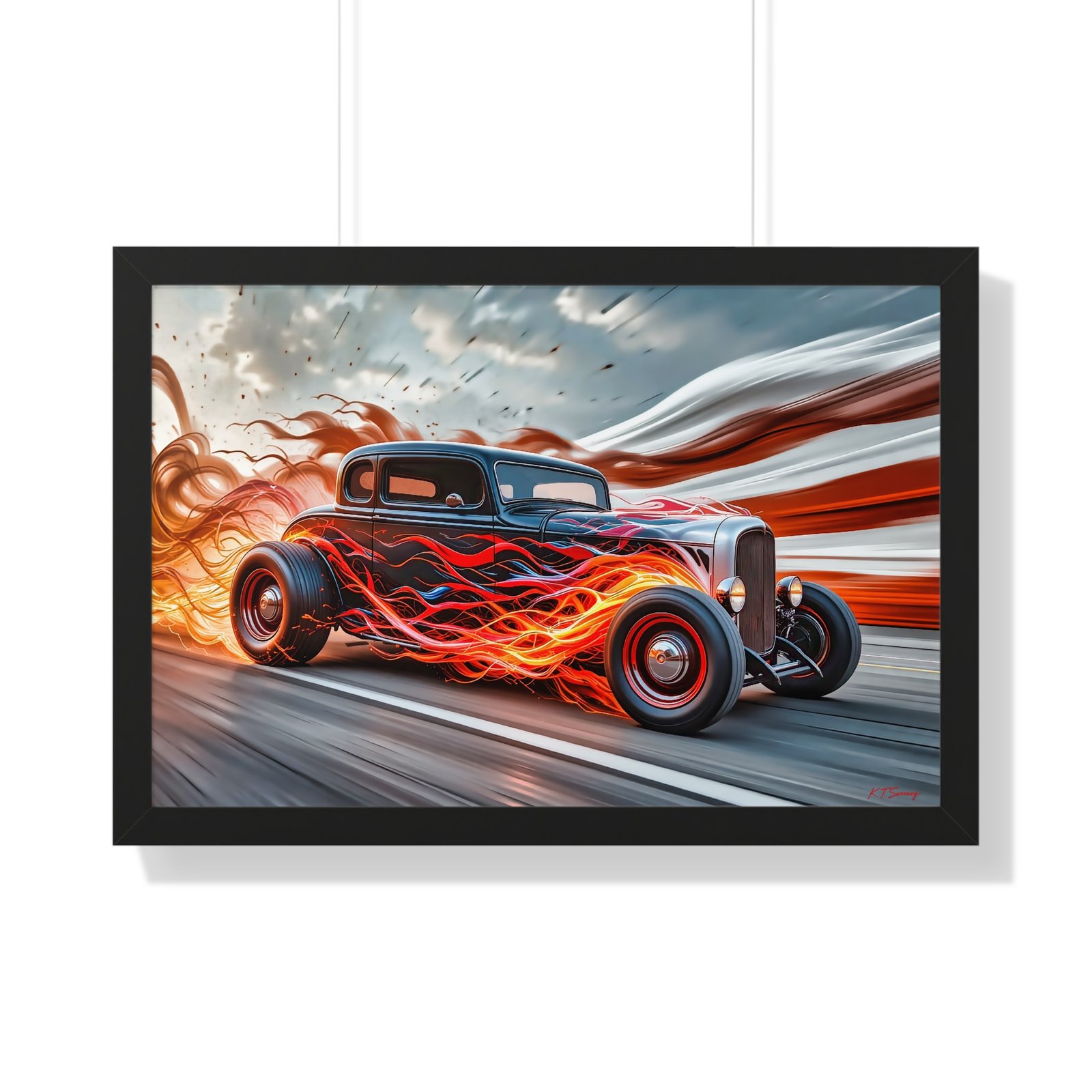 Limited Edition Hot Rod Wall Art Framed Print with Flames with American Flag - Image 7