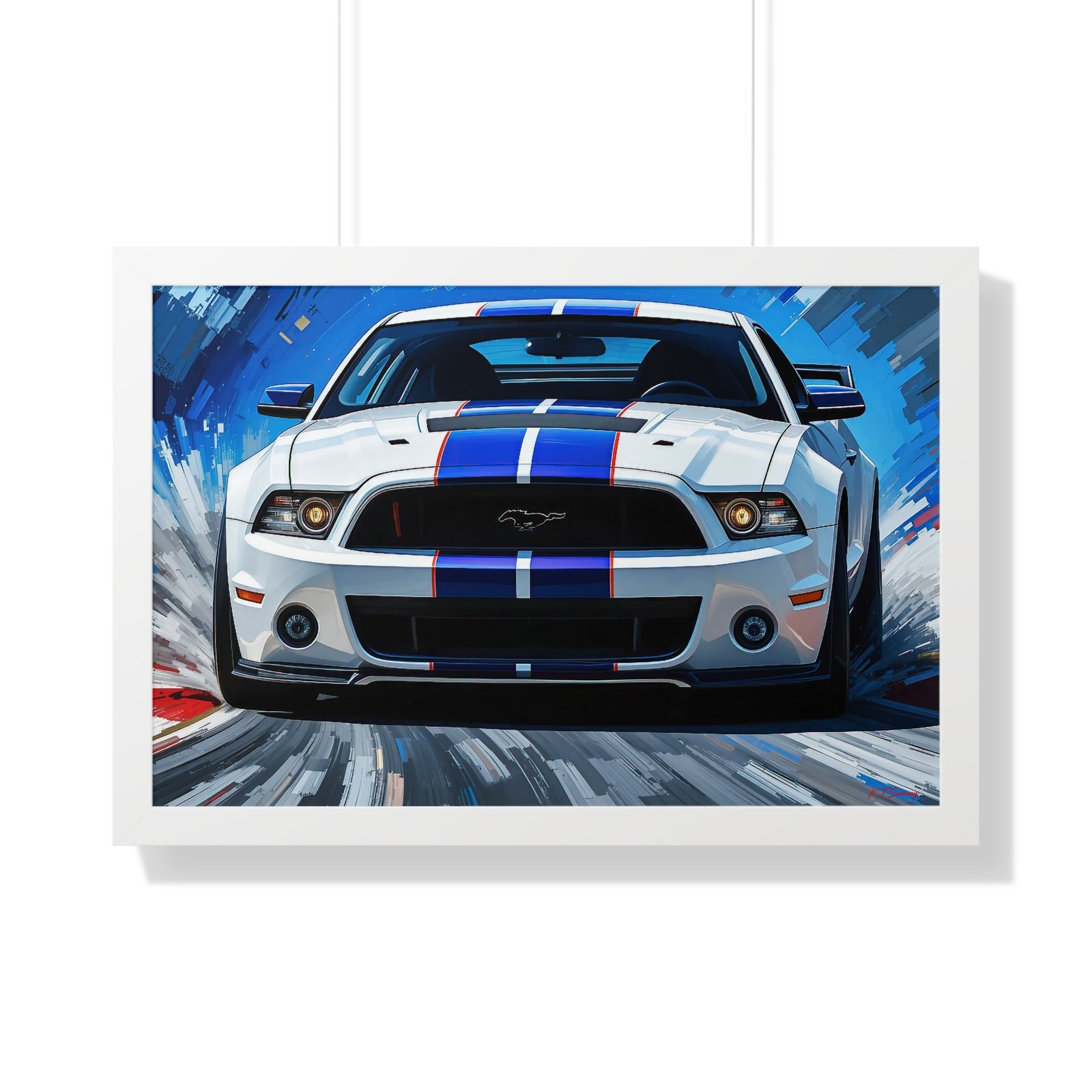 Limited Edition Mustang GT Classic Wall Art Framed Print in White with Blue Stripes Watercolor Background | Collector’s Muscle Car Artwork - Image 25