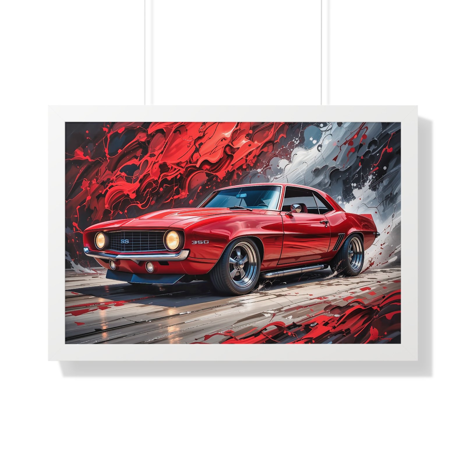 1969 Red Camaro SS Hot Rod Wall Art Framed Print with Textured Oil Paint Style Background | Studio Edition Collector’s Artwork - Image 25