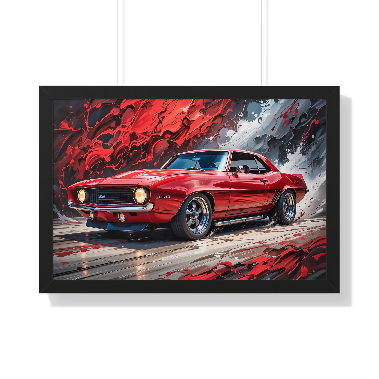 1969 Red Camaro SS Hot Rod Wall Art Framed Print with Textured Oil Paint Style Background | Studio Edition Collector’s Artwork - Image 7