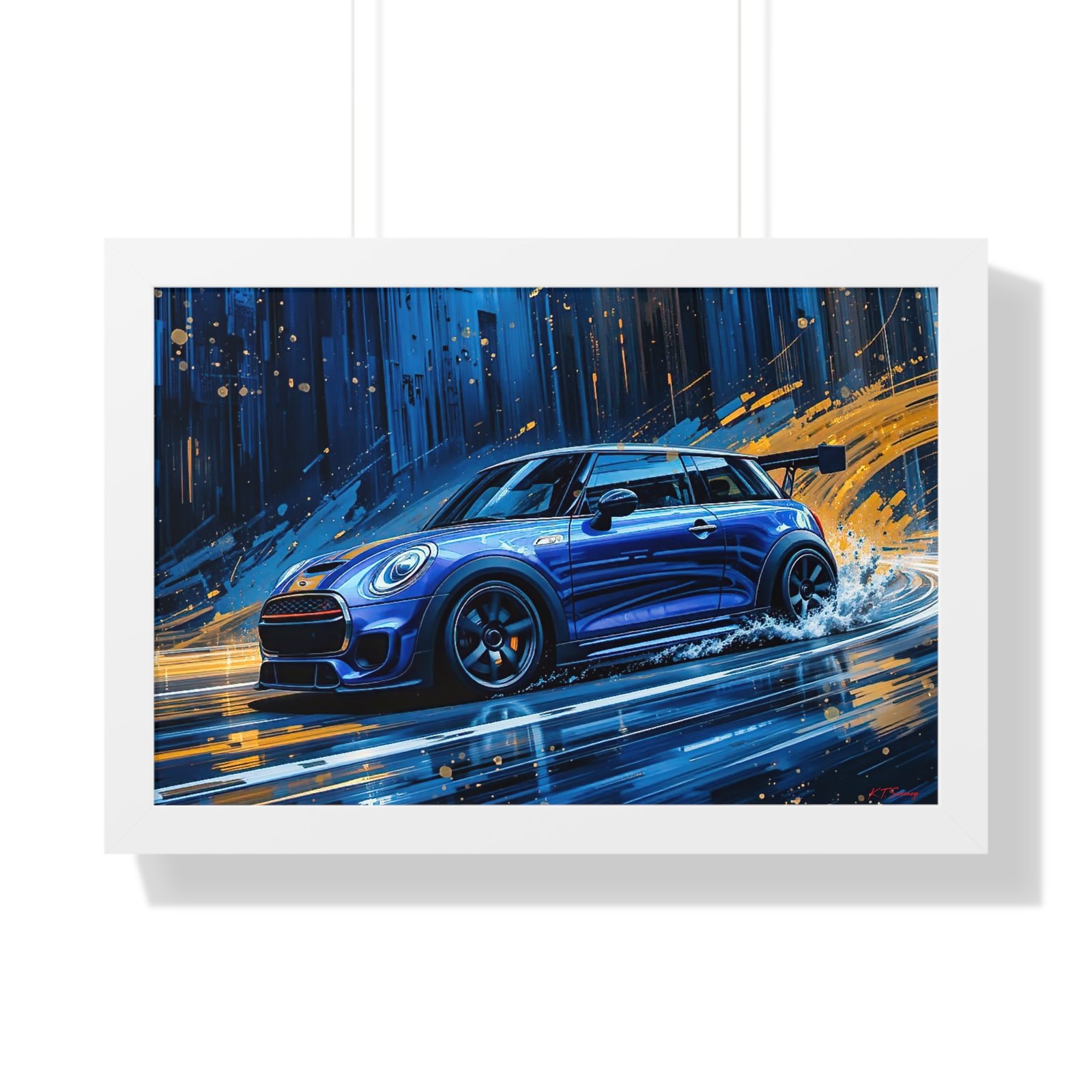 Blue Mini Cooper S Wall Art Framed Print with Dynamic Dramatic Background | Studio Edition Collector’s Artwork - Image 22