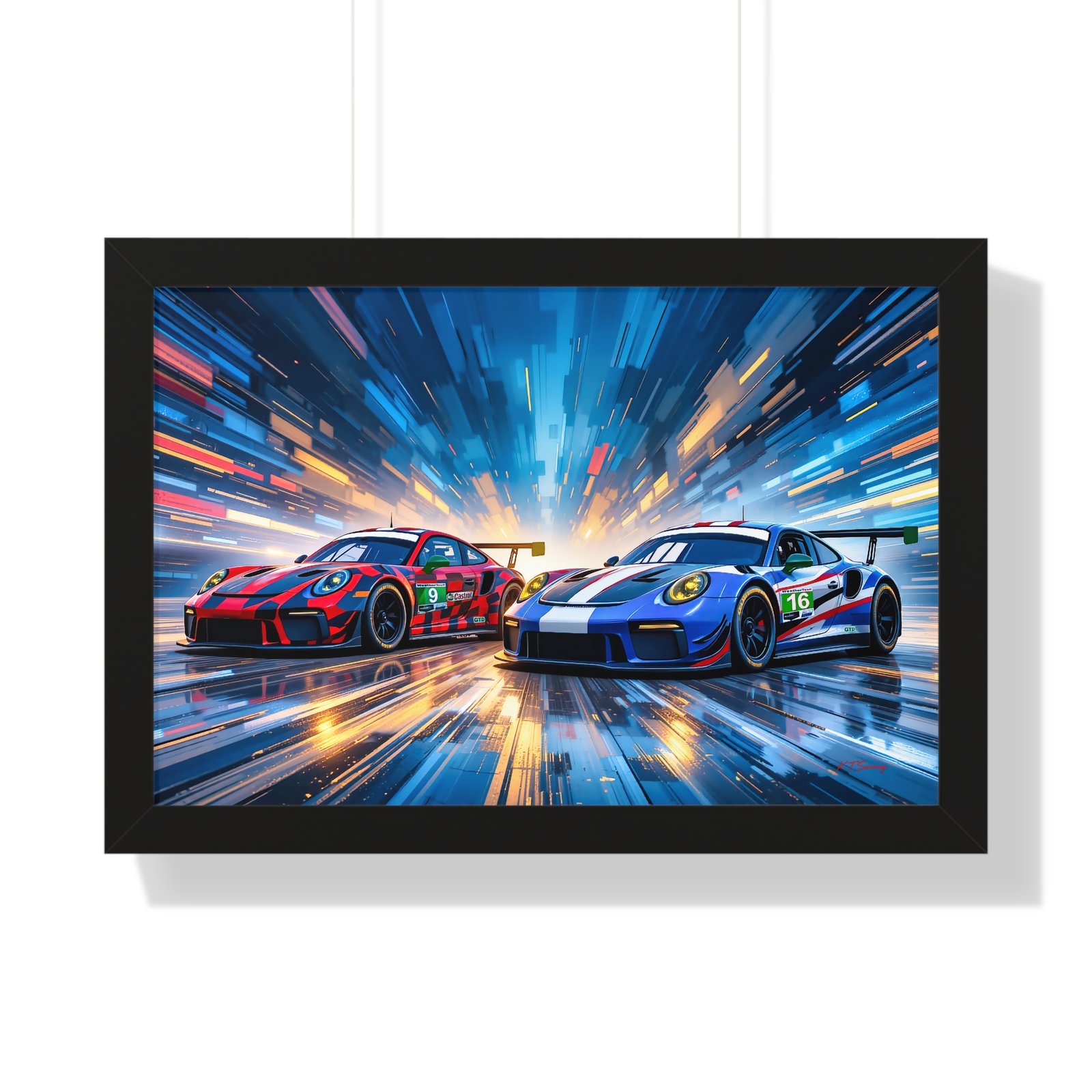 Limited Edition Duo of Porsche 911 GT3 IMSA-Inspired Racing Cars Wall Art Framed Print with 3D Textured Dynamic Colors | Collector’s Porsche Artwork - Image 4