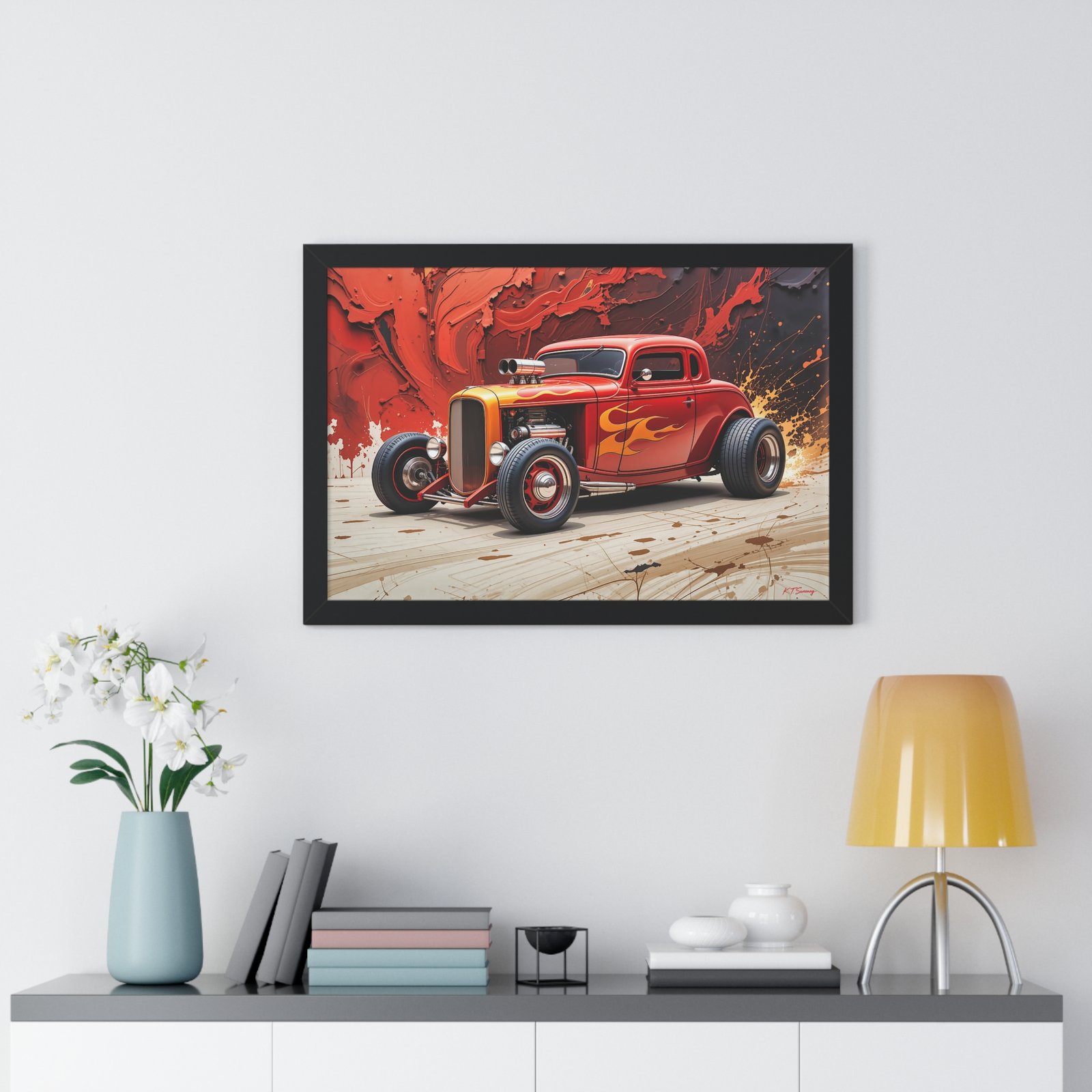 Limited Collector’s Edition 1932 Deuce Coupe Hot Rod in Red with Yellow Flames Wall Art Framed Print | Classic Hot Rod Artwork - Image 8