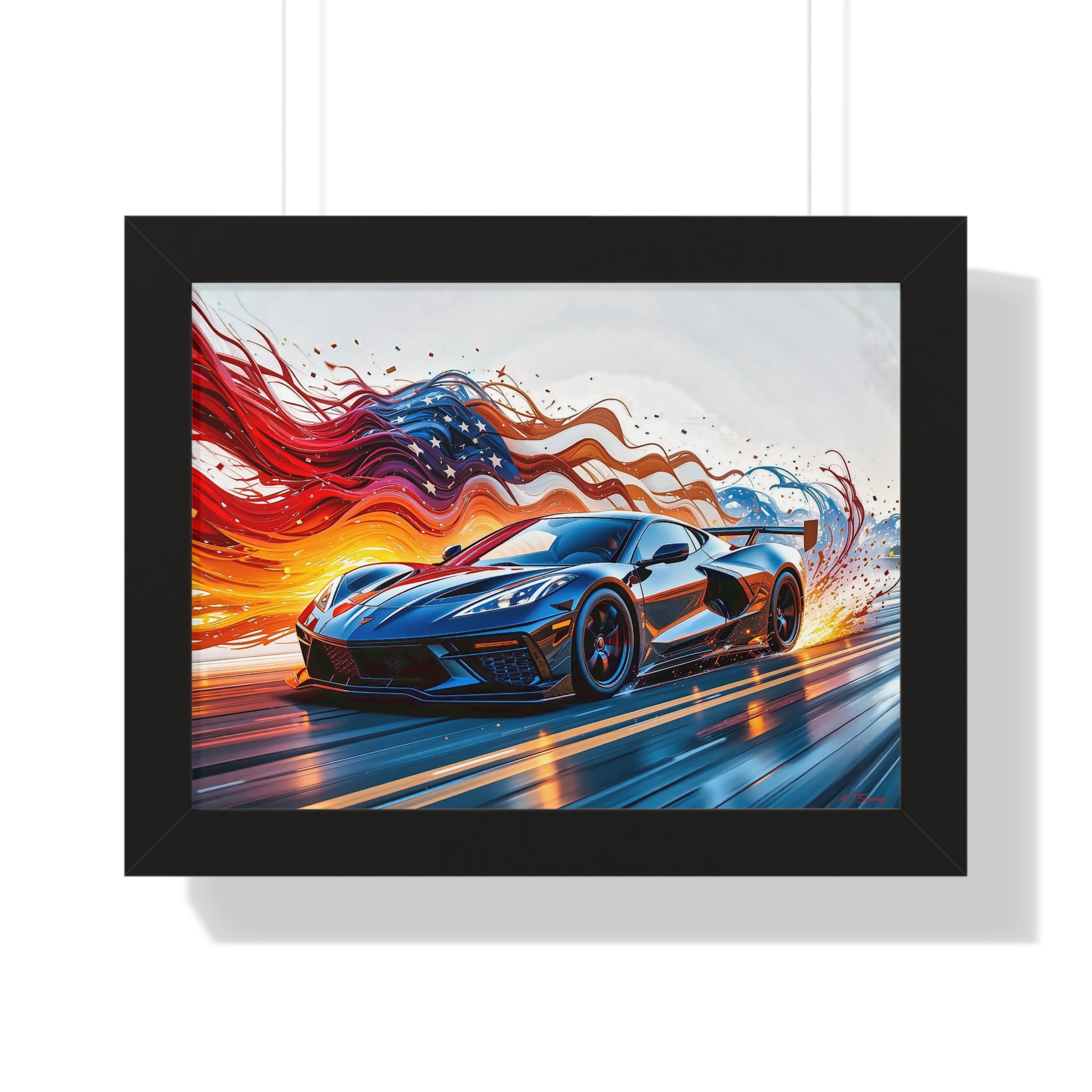Exclusive Edition C8 Corvette with American Flag Wall Art Framed Print | Collector’s Corvette Artwork