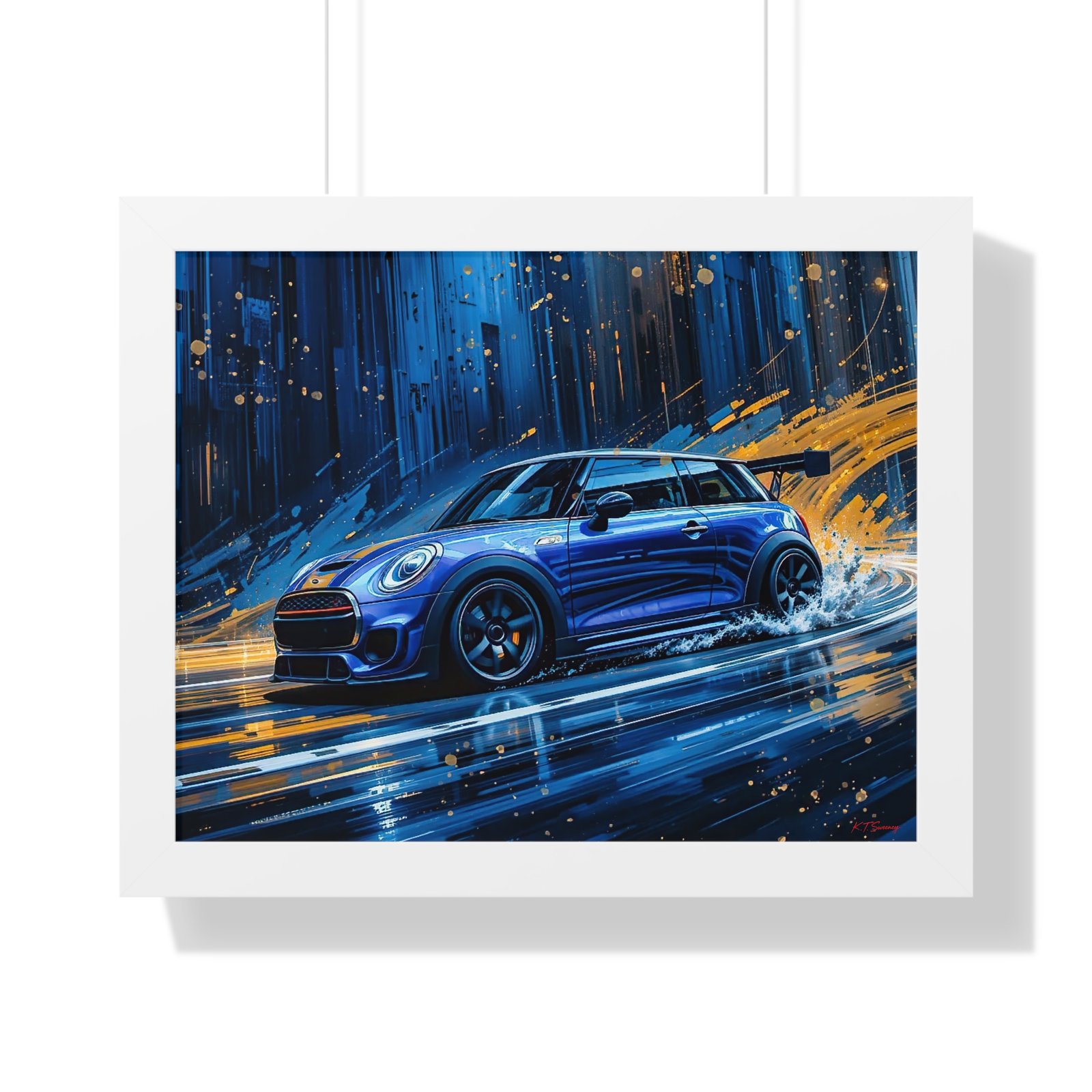 Blue Mini Cooper S Wall Art Framed Print with Dynamic Dramatic Background | Studio Edition Collector’s Artwork - Image 19