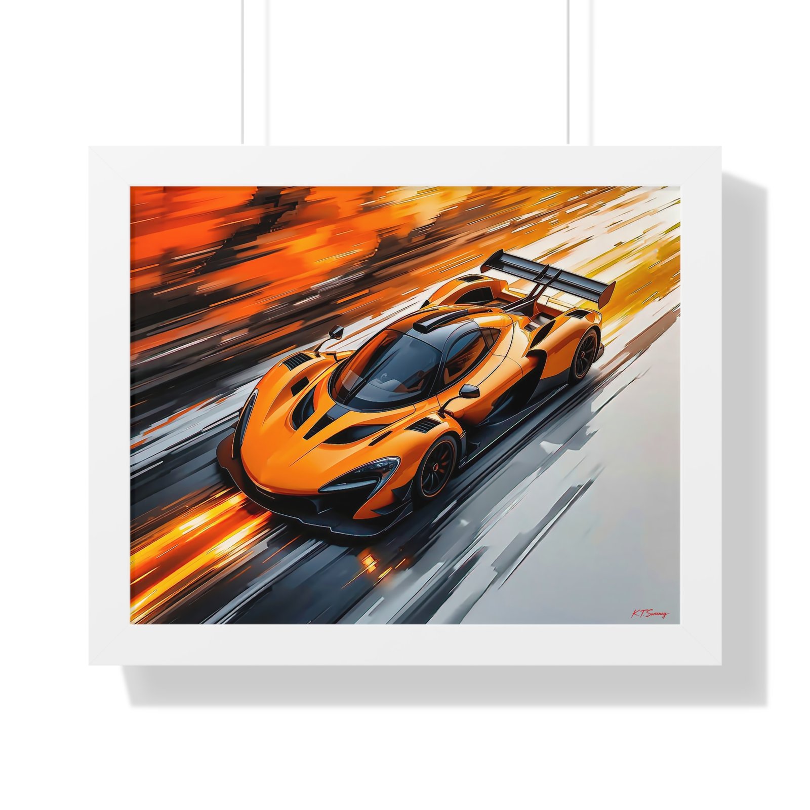 Limited Edition McLaren Inspired Supercar Wall Art Framed Print in Papaya Orange and Black Livery with Watercolor Style Textured Design | Collector’s Motorsport Artwork - Image 19