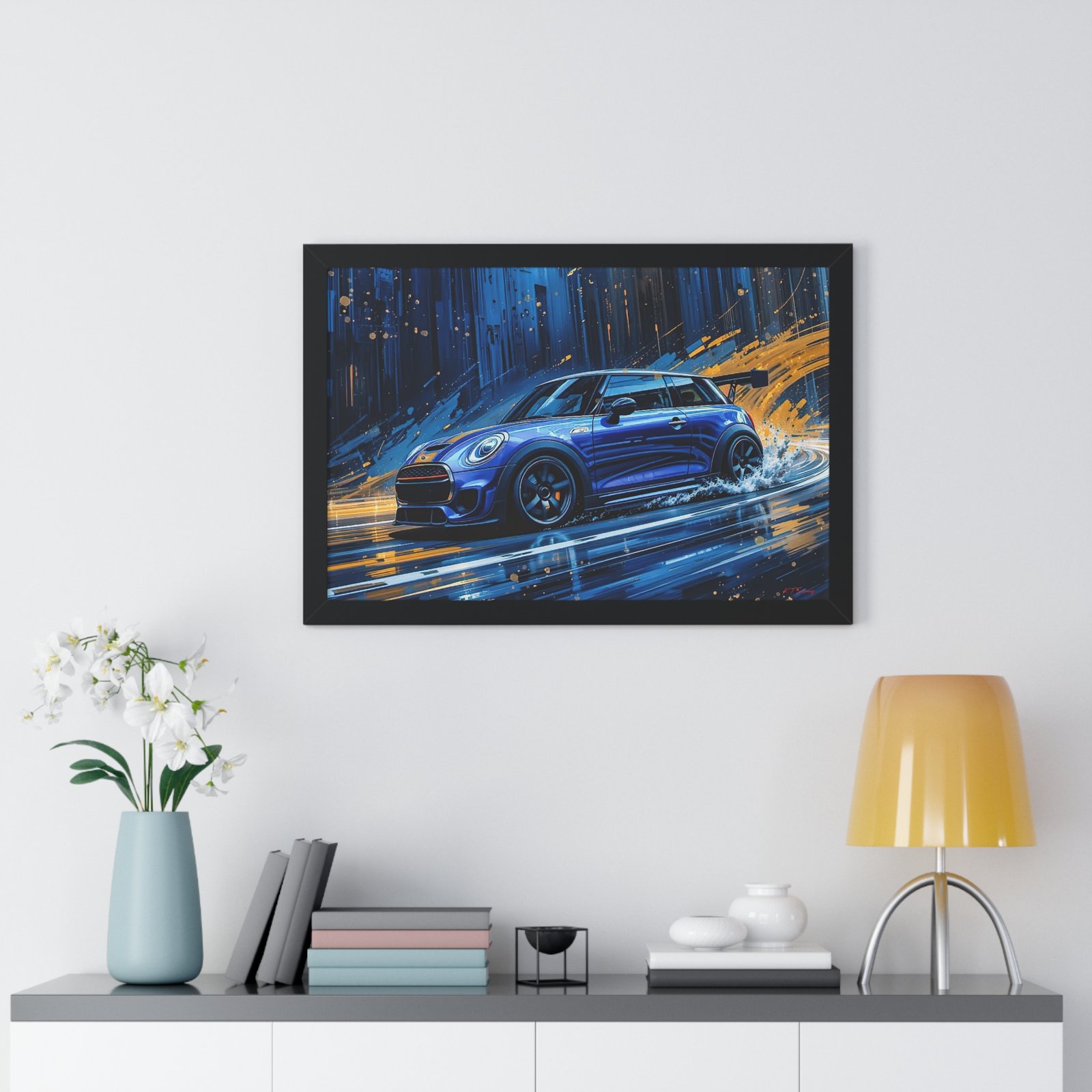 Blue Mini Cooper S Wall Art Framed Print with Dynamic Dramatic Background | Studio Edition Collector’s Artwork - Image 8