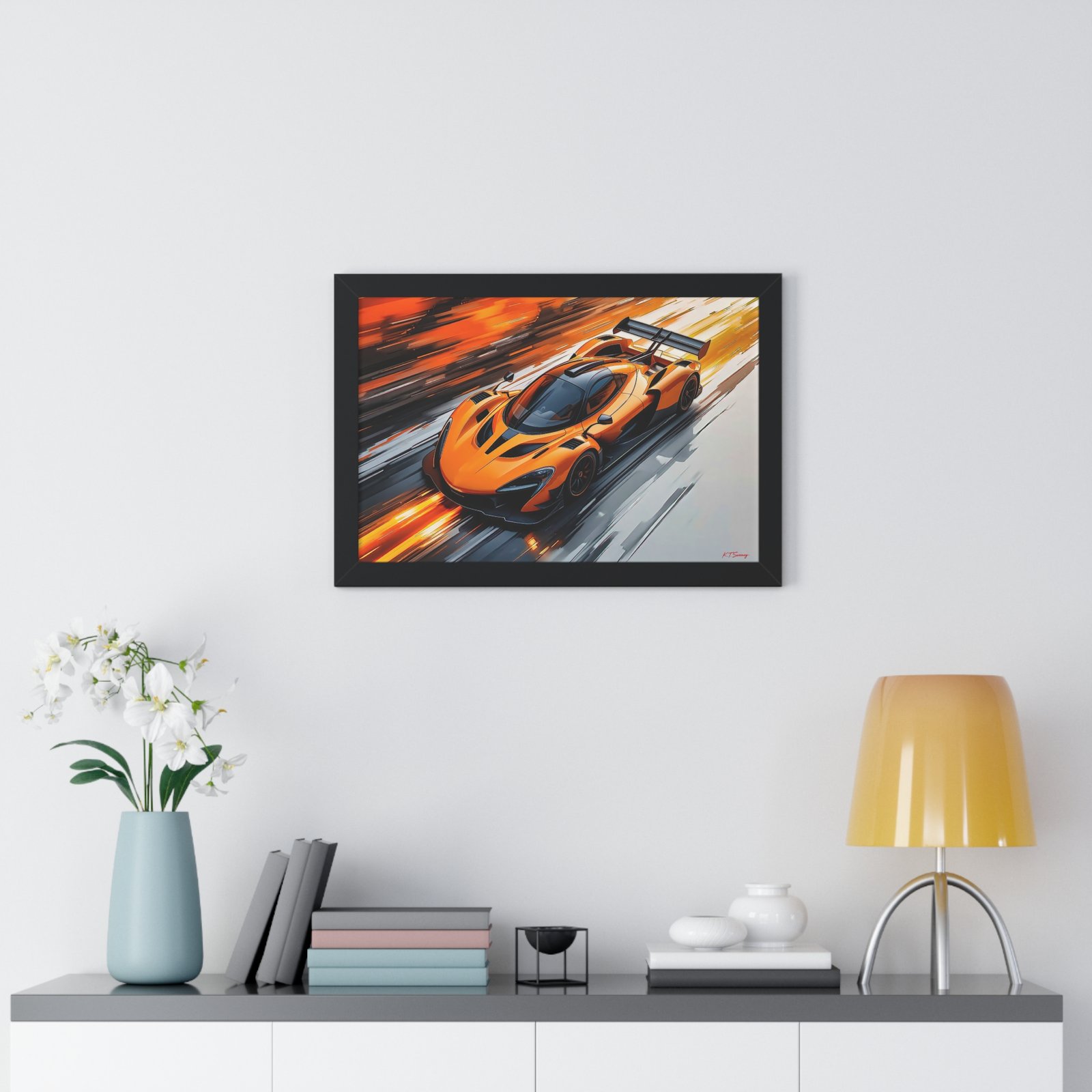 Limited Edition McLaren Inspired Supercar Wall Art Framed Print in Papaya Orange and Black Livery with Watercolor Style Textured Design | Collector’s Motorsport Artwork - Image 5