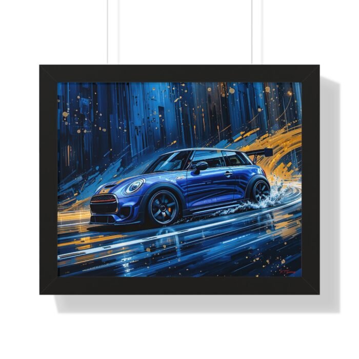 Blue Mini Cooper S Wall Art Framed Print with Dynamic Dramatic Background | Studio Edition Collector’s Artwork