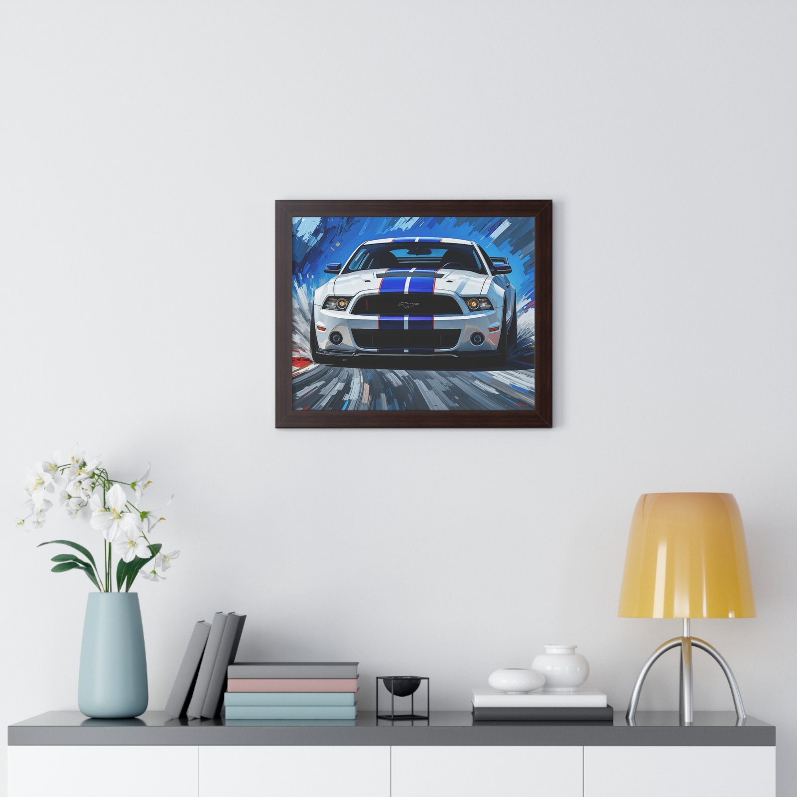 Limited Edition Mustang GT Classic Wall Art Framed Print in White with Blue Stripes Watercolor Background | Collector’s Muscle Car Artwork - Image 11