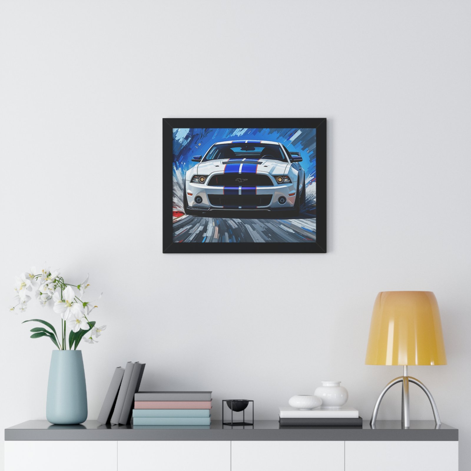Limited Edition Mustang GT Classic Wall Art Framed Print in White with Blue Stripes Watercolor Background | Collector’s Muscle Car Artwork - Image 2