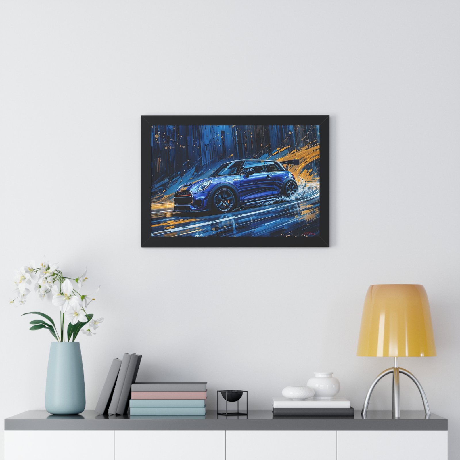 Blue Mini Cooper S Wall Art Framed Print with Dynamic Dramatic Background | Studio Edition Collector’s Artwork - Image 5