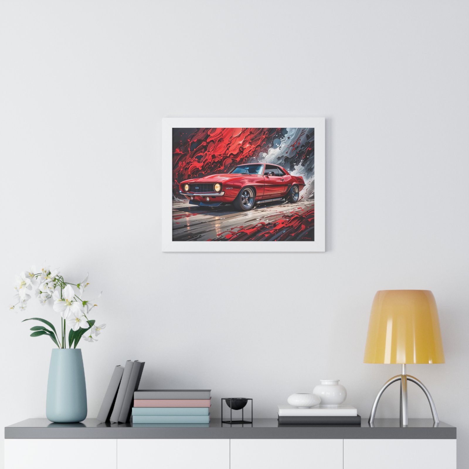 1969 Red Camaro SS Hot Rod Wall Art Framed Print with Textured Oil Paint Style Background | Studio Edition Collector’s Artwork - Image 20