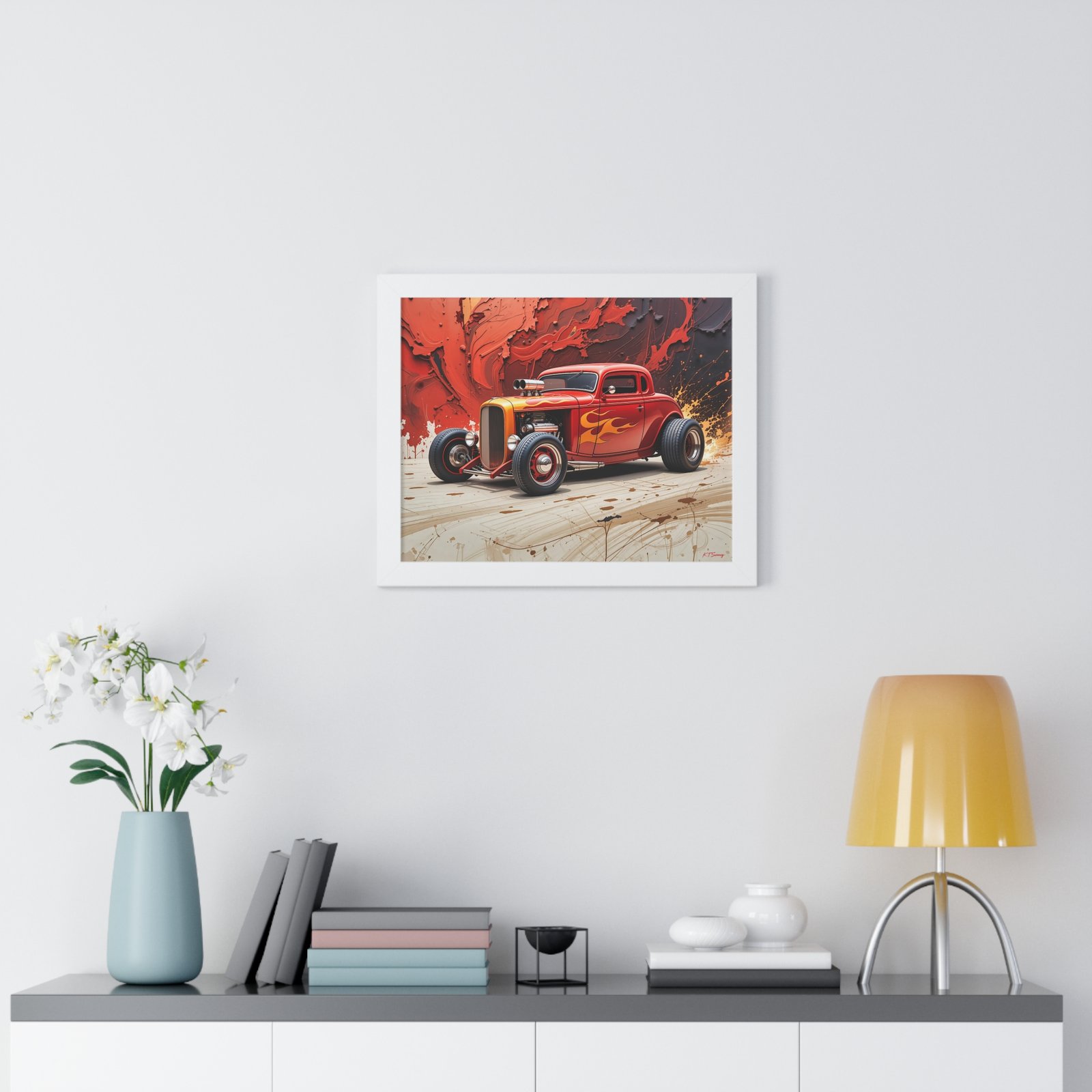 Limited Collector’s Edition 1932 Deuce Coupe Hot Rod in Red with Yellow Flames Wall Art Framed Print | Classic Hot Rod Artwork - Image 20