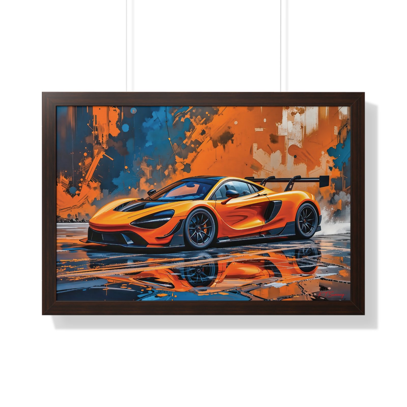 Limited Edition McLaren Supercar Wall Art Framed Print in Papaya Orange and Black Livery with Watercolor Style Textured Design | Collector’s Motorsport Artwork - Image 16