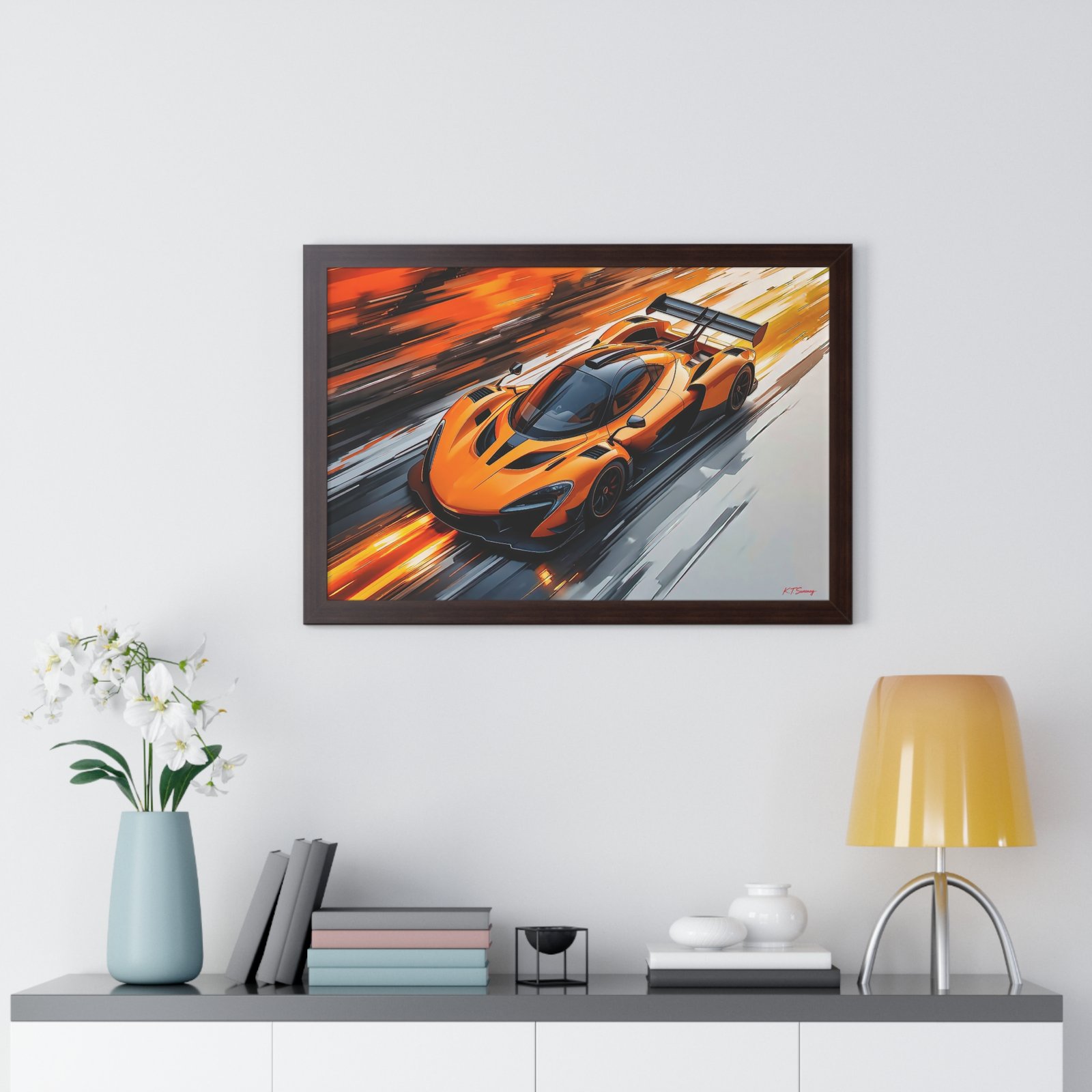 Limited Edition McLaren Inspired Supercar Wall Art Framed Print in Papaya Orange and Black Livery with Watercolor Style Textured Design | Collector’s Motorsport Artwork - Image 17