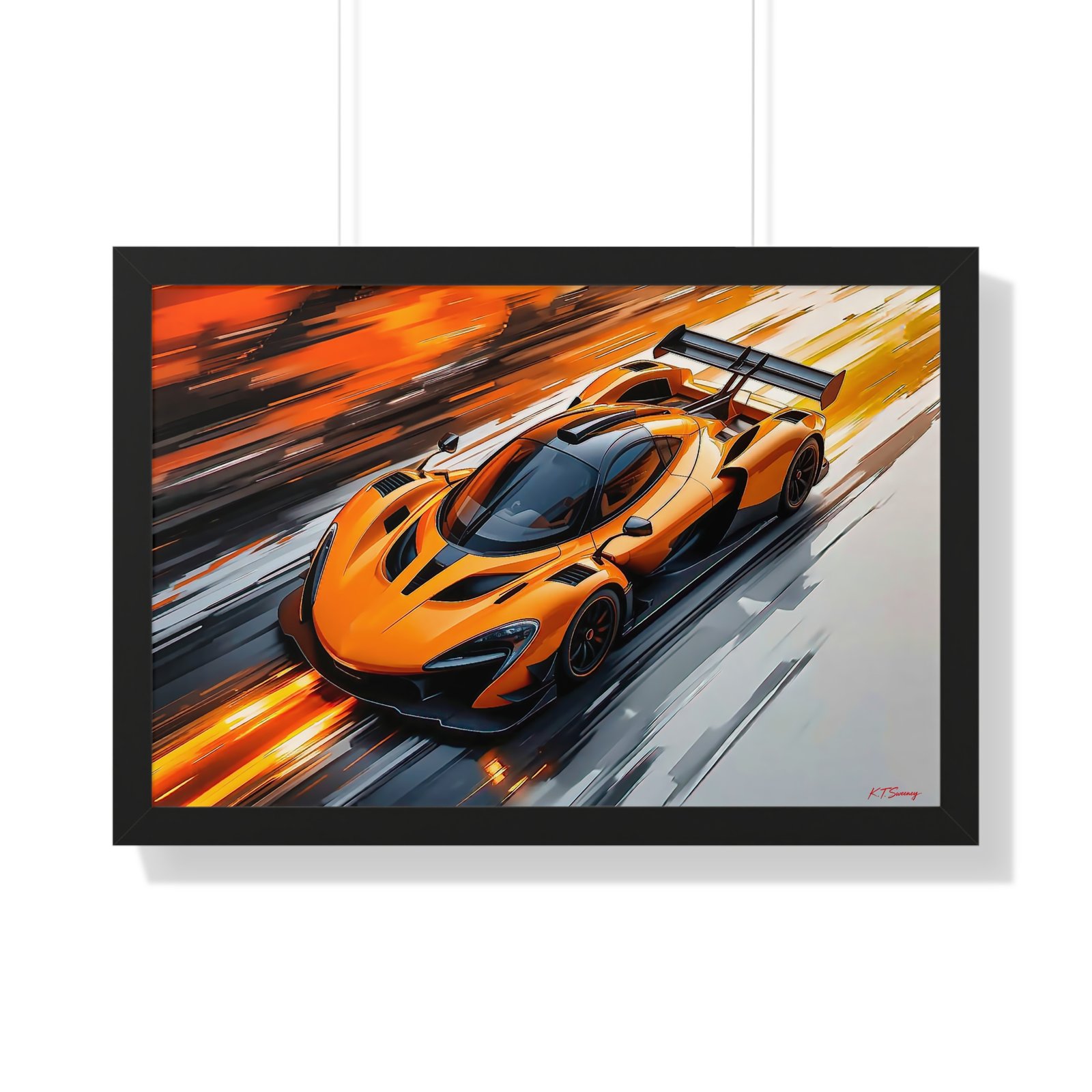 Limited Edition McLaren Inspired Supercar Wall Art Framed Print in Papaya Orange and Black Livery with Watercolor Style Textured Design | Collector’s Motorsport Artwork - Image 7