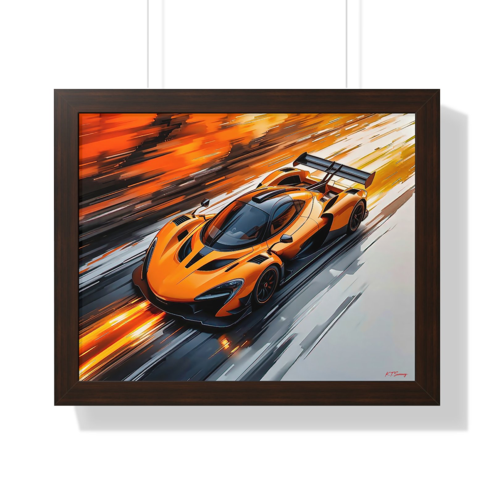 Limited Edition McLaren Inspired Supercar Wall Art Framed Print in Papaya Orange and Black Livery with Watercolor Style Textured Design | Collector’s Motorsport Artwork - Image 10