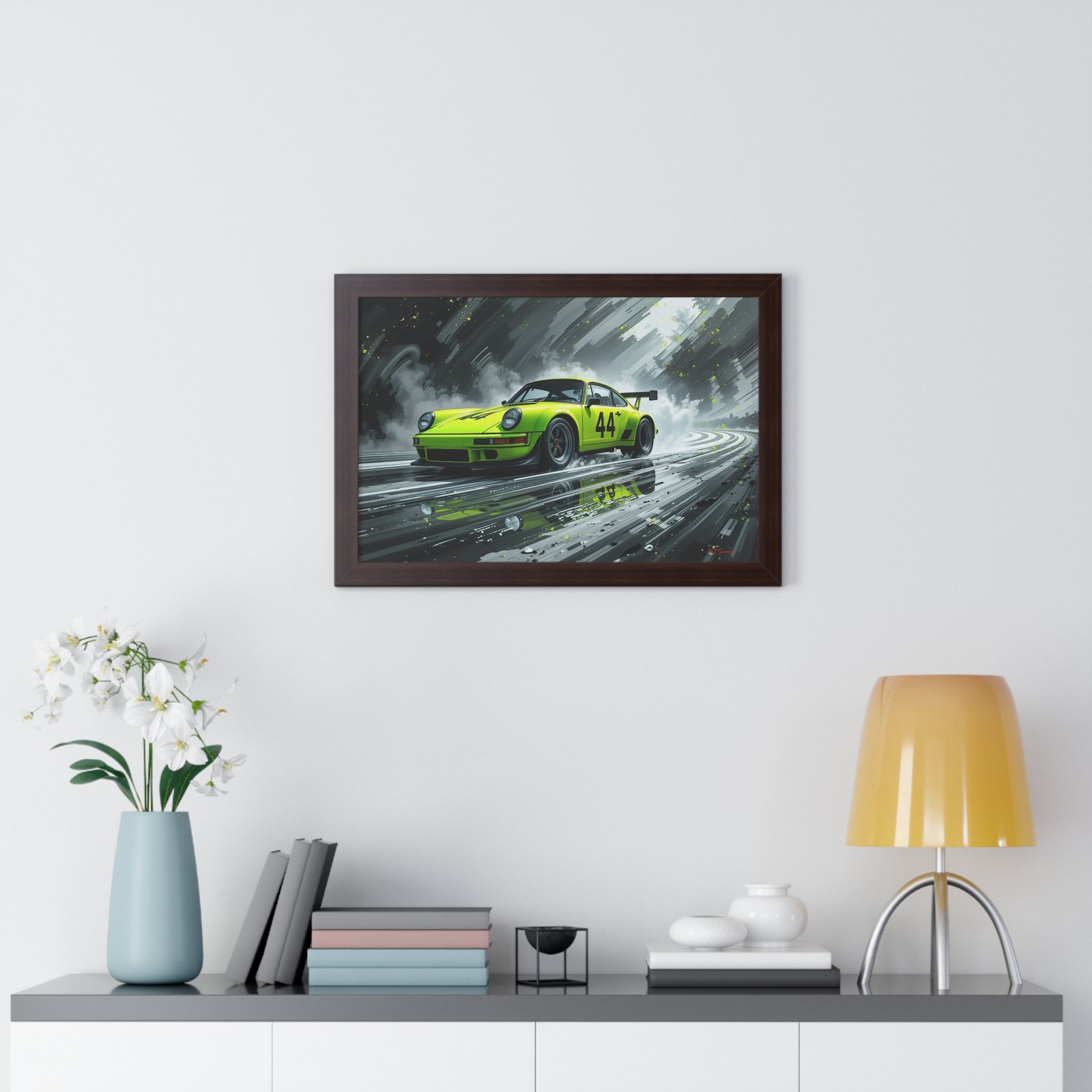 Limited Edition Porsche 930 Turbo in Neon Green with Dynamic Black and White Background Wall Art Framed Print | Collector’s Porsche Artwork - Image 14