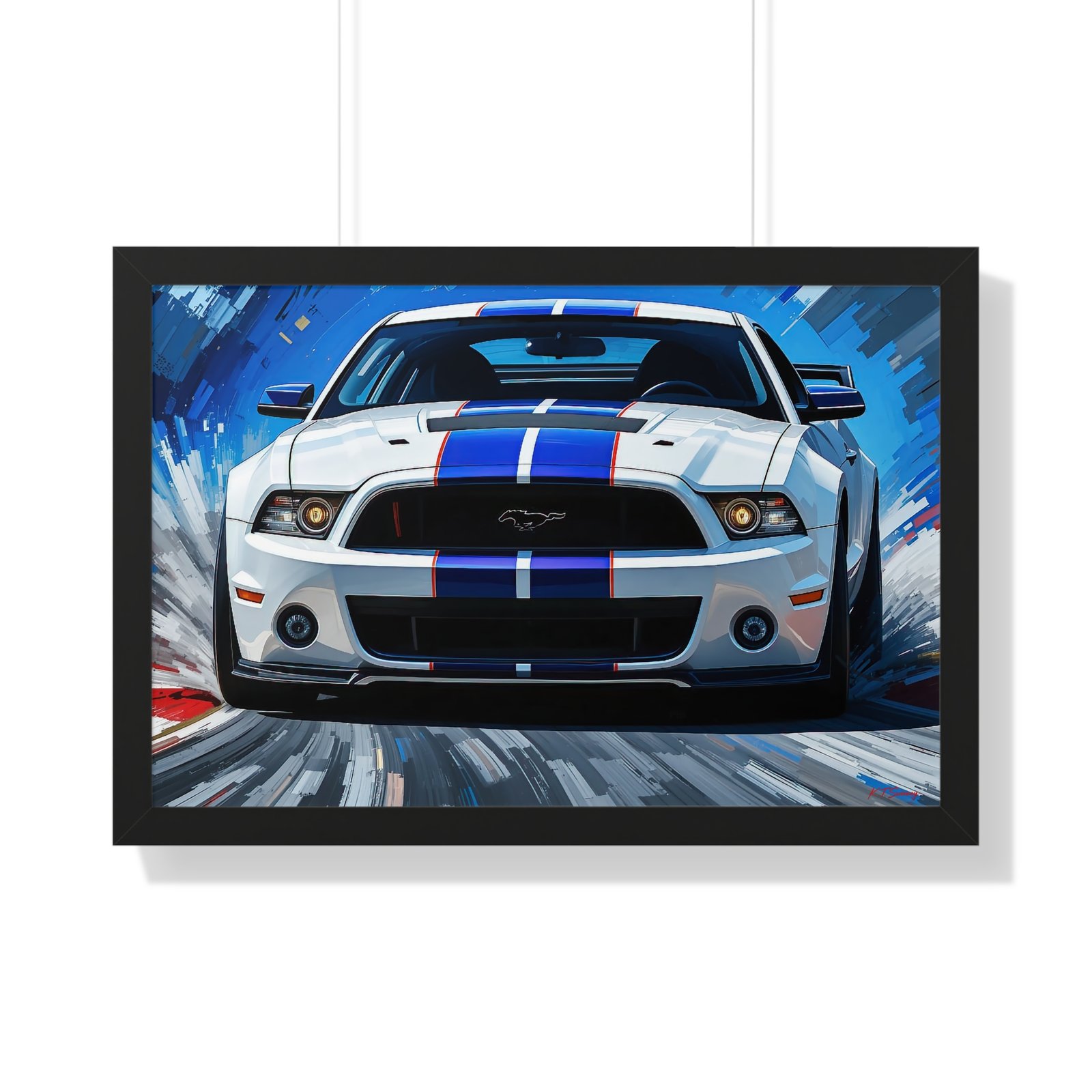 Limited Edition Mustang GT Classic Wall Art Framed Print in White with Blue Stripes Watercolor Background | Collector’s Muscle Car Artwork - Image 7