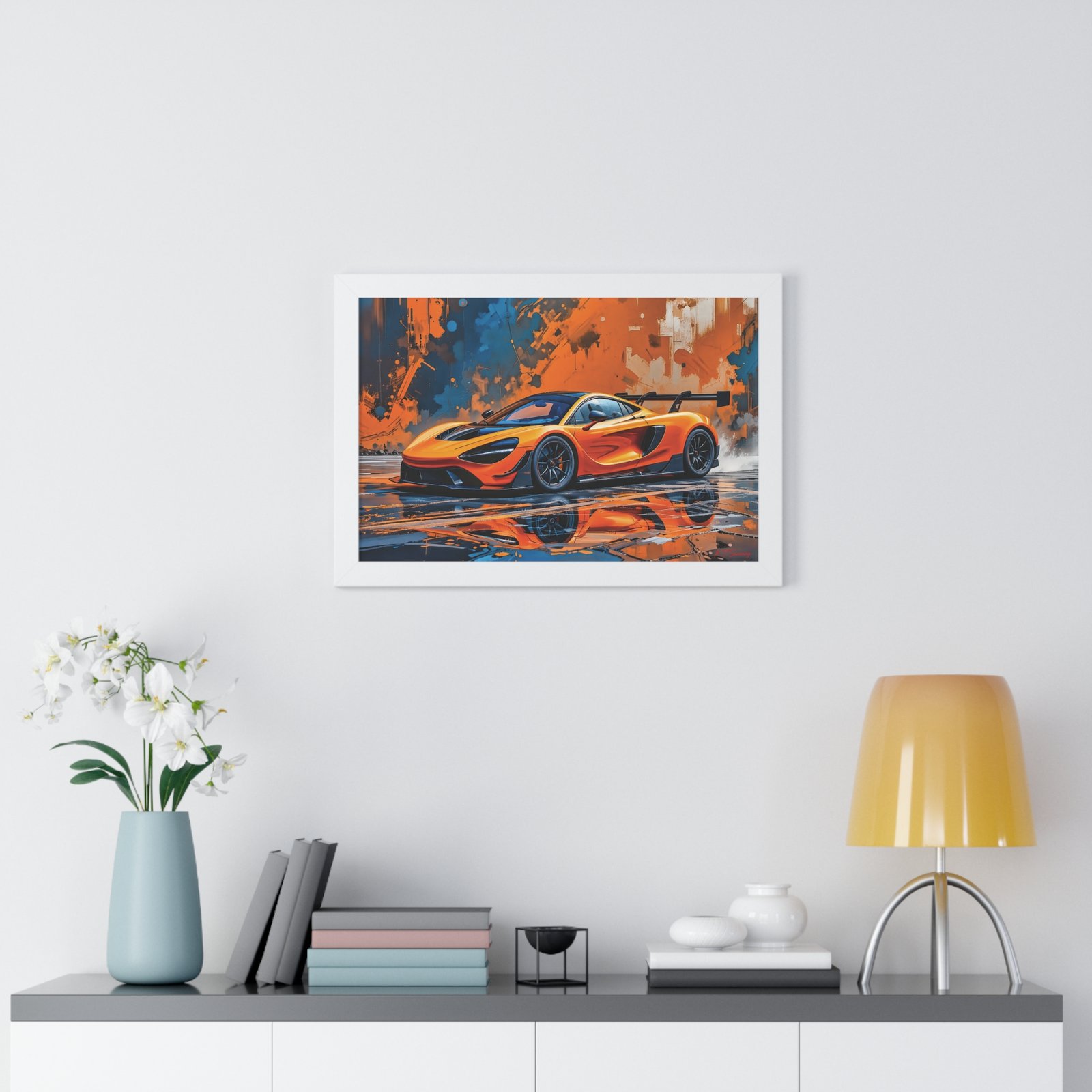 Limited Edition McLaren Supercar Wall Art Framed Print in Papaya Orange and Black Livery with Watercolor Style Textured Design | Collector’s Motorsport Artwork - Image 23