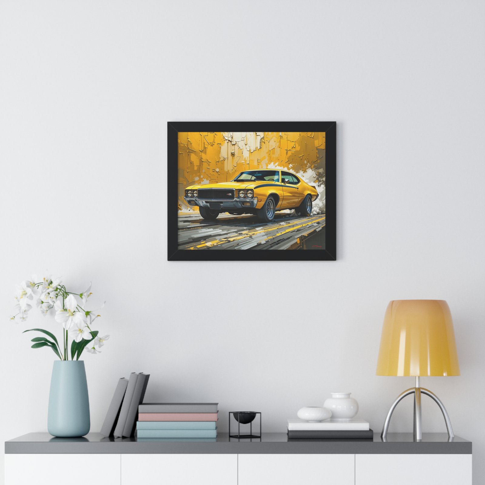 1970 Yellow Buick GSX Hot Rod Wall Art Framed Print with Textured Oil Paint Style Design | Studio Edition Collector’s Artwork - Image 2