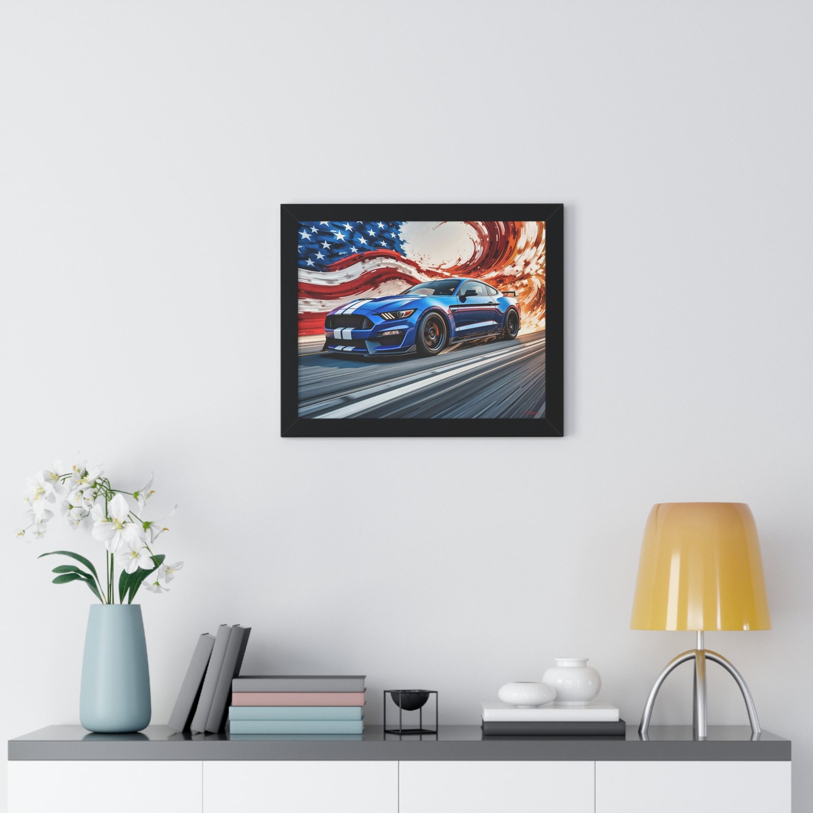 Limited Edition Mustang GT Wall Art Framed Print in Blue with White Stripes | Classic Mustang Collector’s Artwork - Image 2