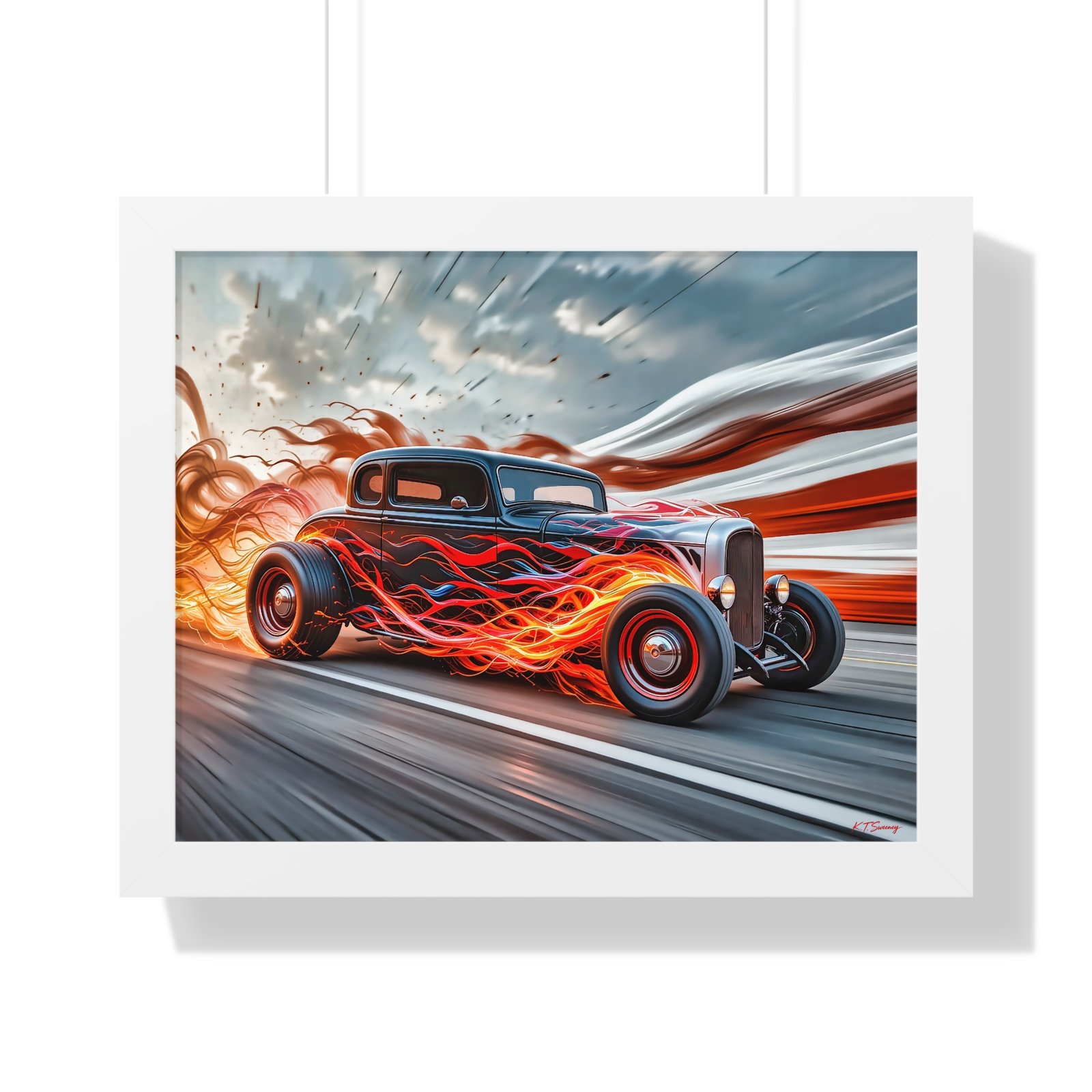 Limited Edition Hot Rod Wall Art Framed Print with Flames with American Flag - Image 19