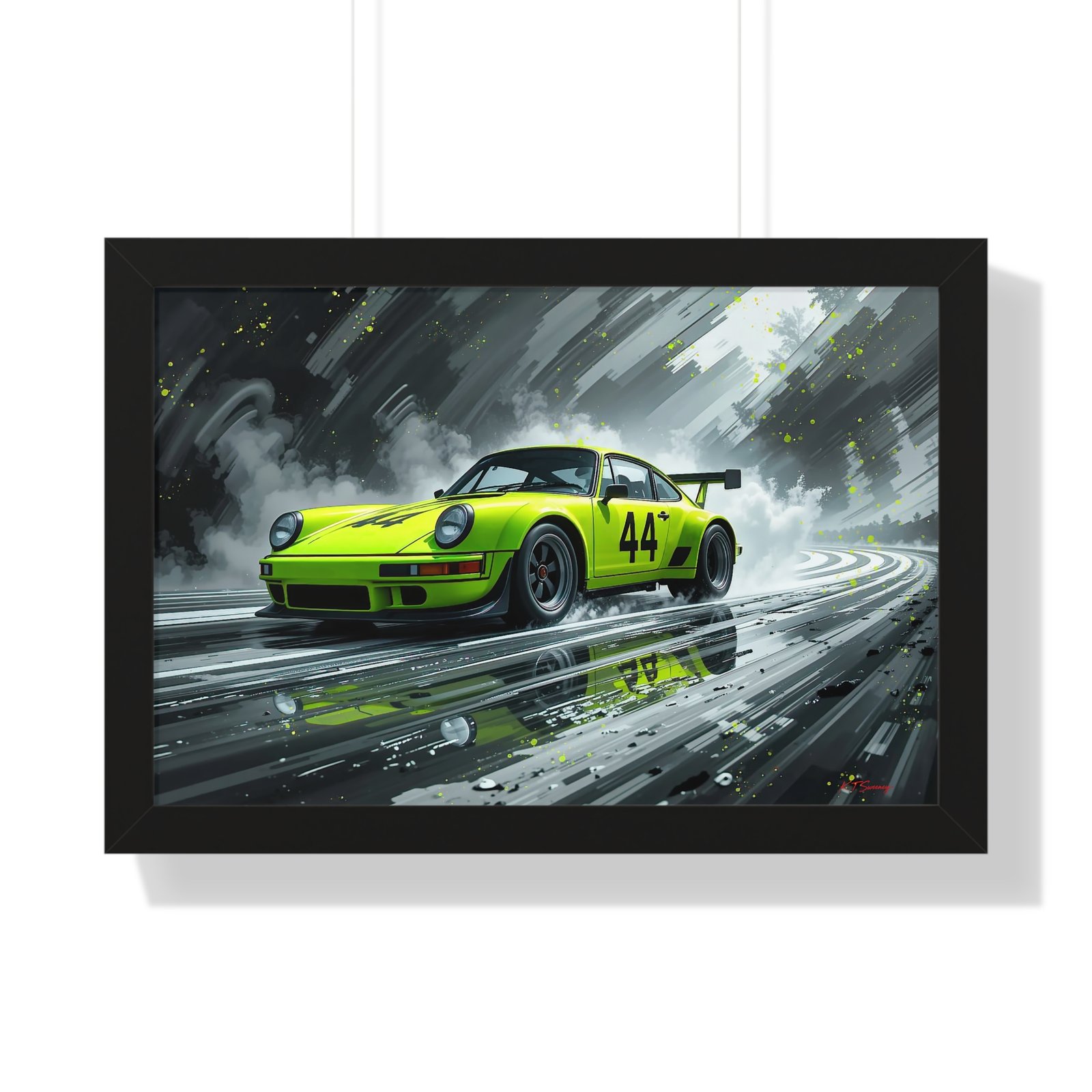 Limited Edition Porsche 930 Turbo in Neon Green with Dynamic Black and White Background Wall Art Framed Print | Collector’s Porsche Artwork - Image 4