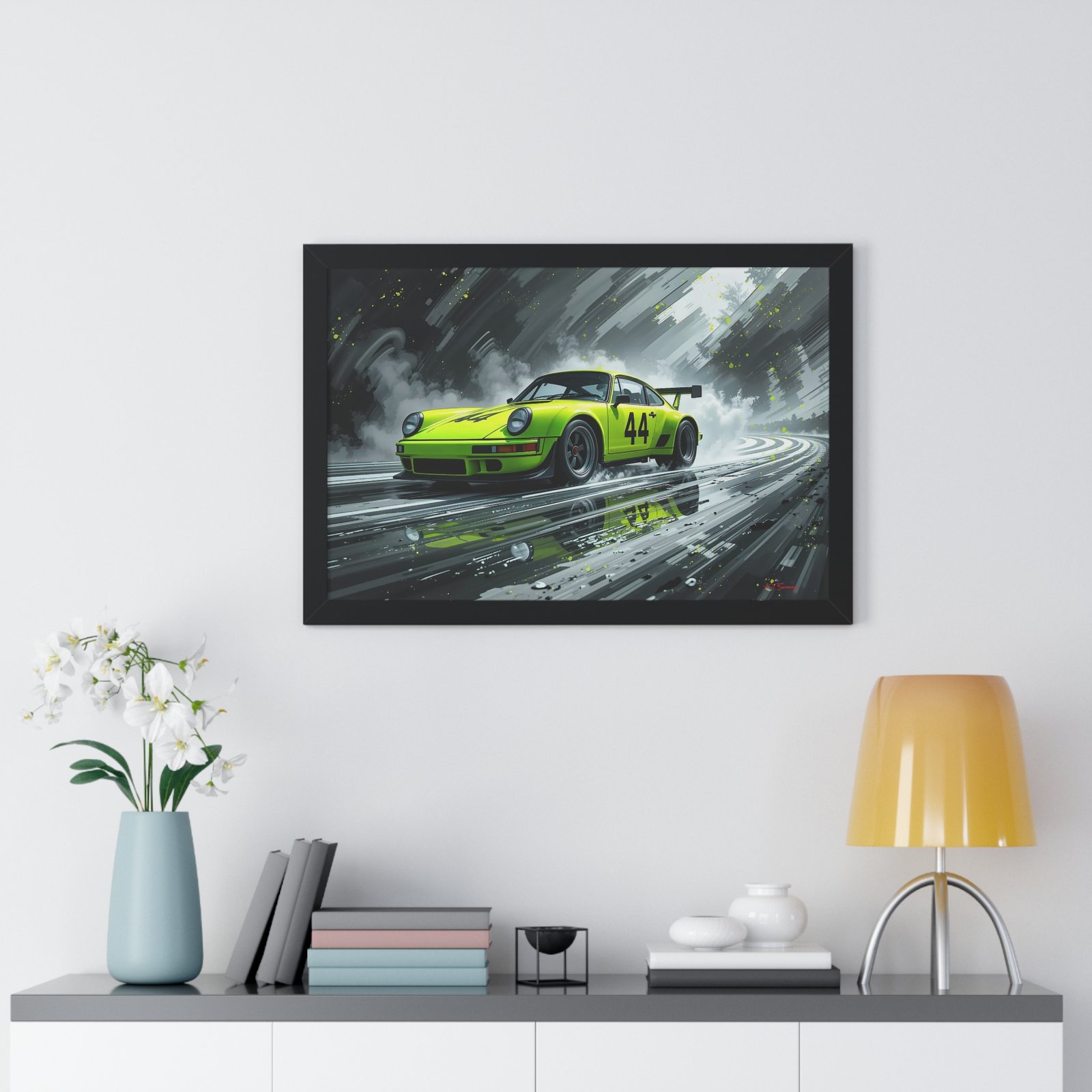 Limited Edition Porsche 930 Turbo in Neon Green with Dynamic Black and White Background Wall Art Framed Print | Collector’s Porsche Artwork - Image 8