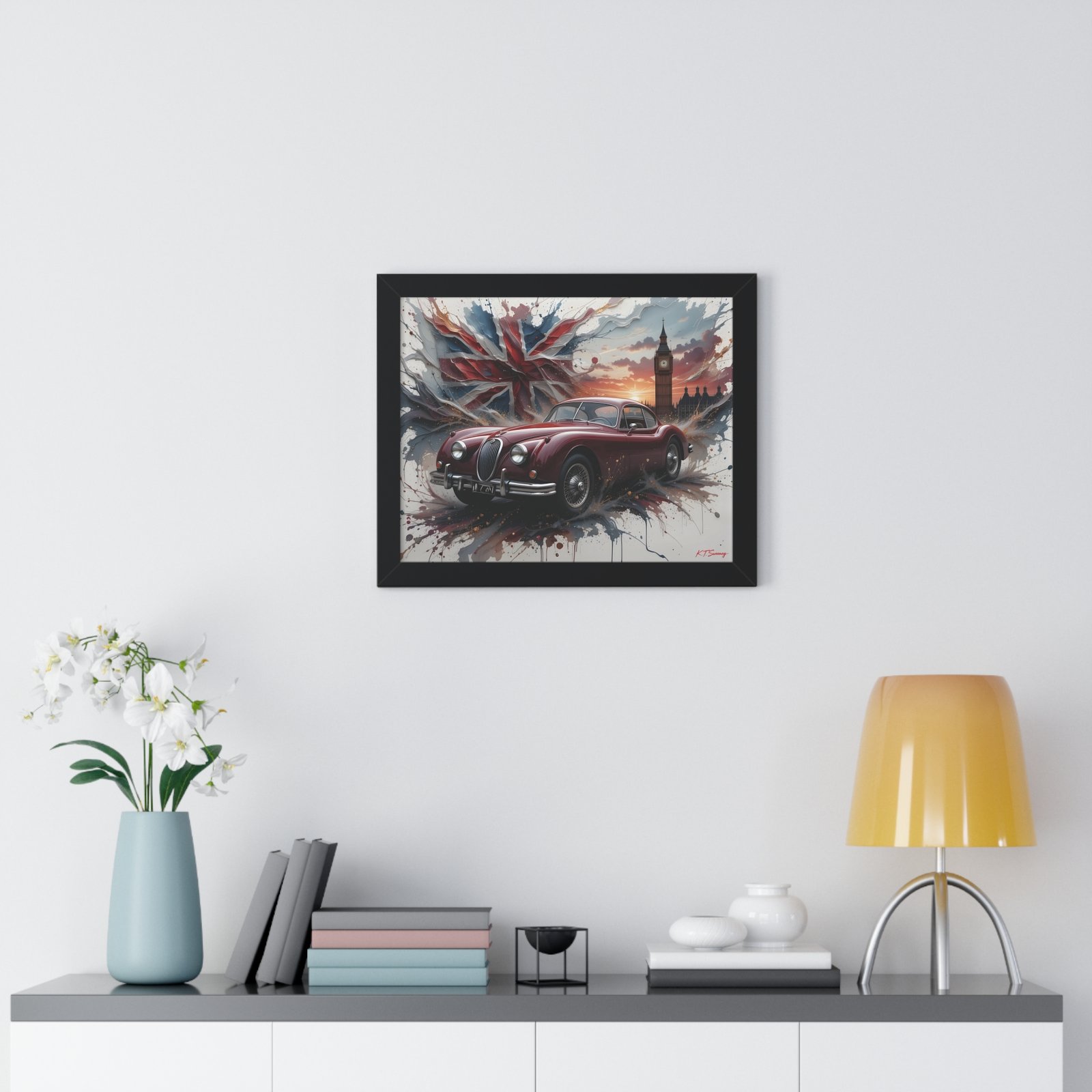Limited Edition 1956 Jaguar XK140 Coupe Wall Art Framed Print with Union Jack | Tower of London Backdrop | Classic Jaguar Collector’s Artwork - Image 2