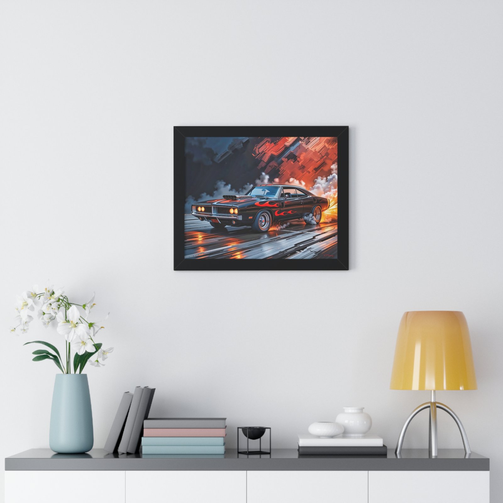 Limited Collector’s Edition 1969 Dodge Charger Hot Rod in Black with Flames Wall Art Framed Print | Classic Mopar Artwork - Image 2
