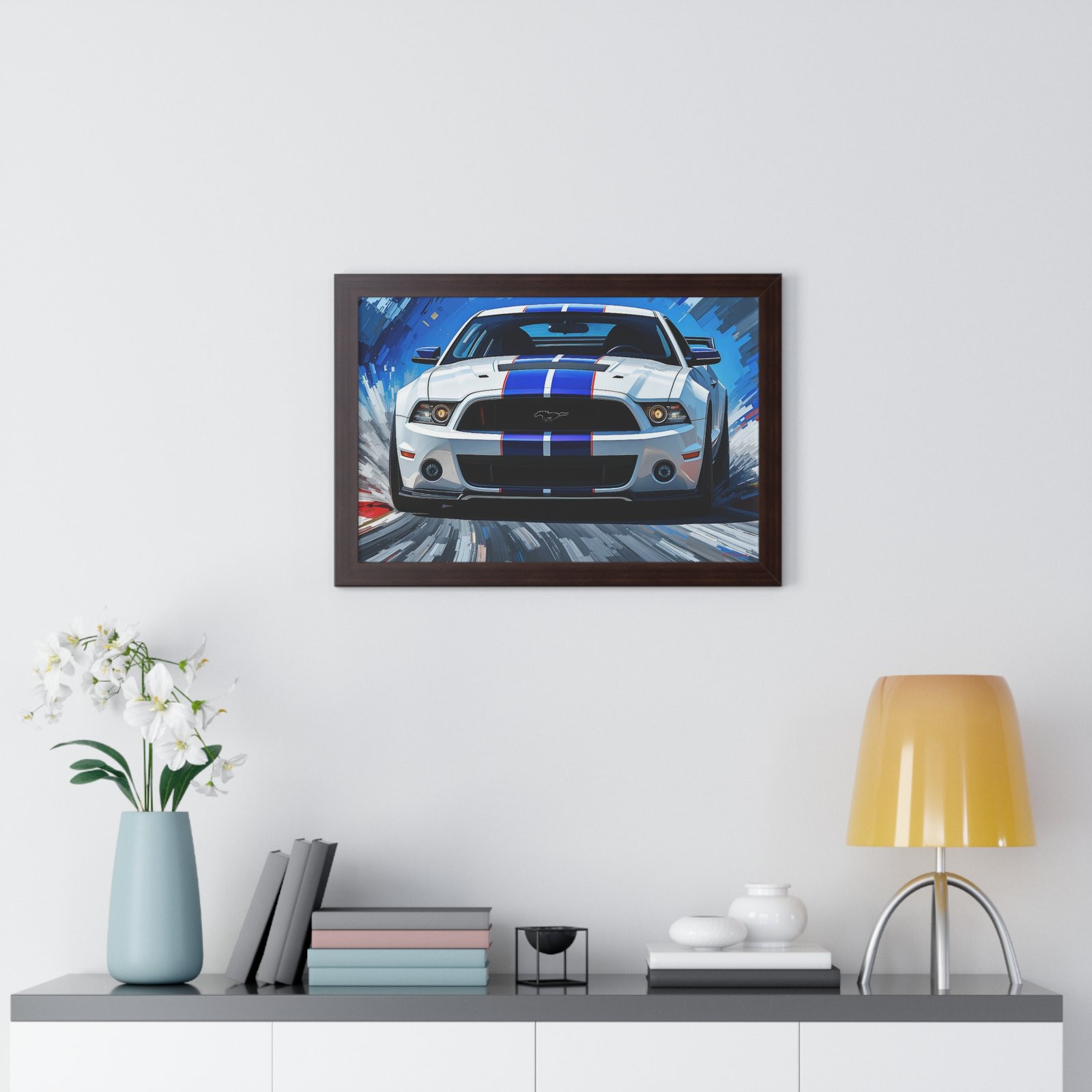 Limited Edition Mustang GT Classic Wall Art Framed Print in White with Blue Stripes Watercolor Background | Collector’s Muscle Car Artwork - Image 14