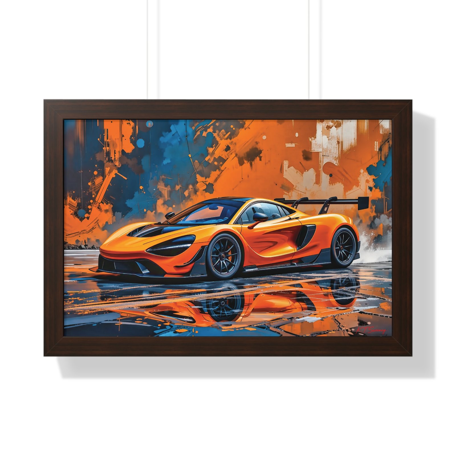 Limited Edition McLaren Supercar Wall Art Framed Print in Papaya Orange and Black Livery with Watercolor Style Textured Design | Collector’s Motorsport Artwork - Image 13