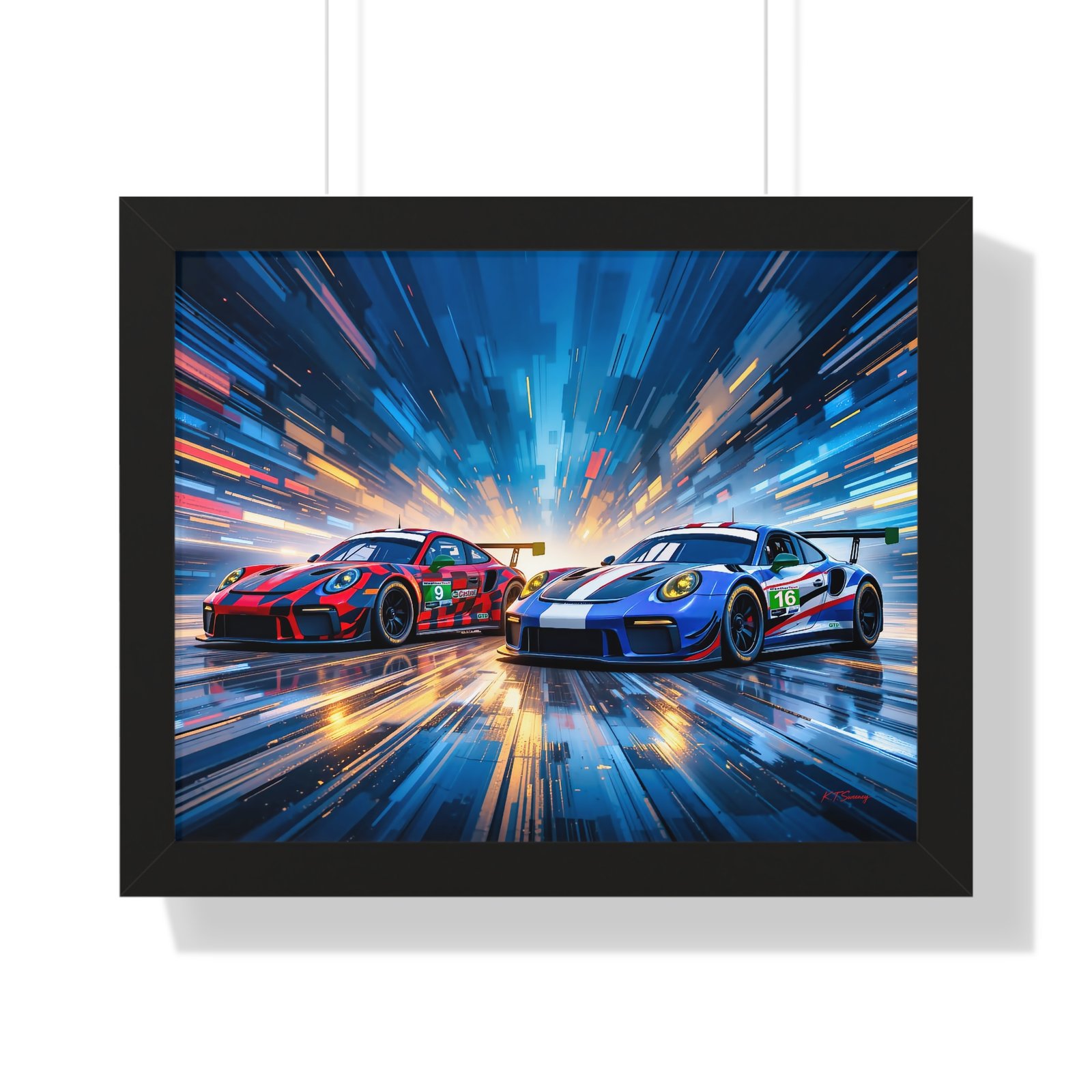 Limited Edition Duo of Porsche 911 GT3 IMSA-Inspired Racing Cars Wall Art Framed Print with 3D Textured Dynamic Colors | Collector’s Porsche Artwork