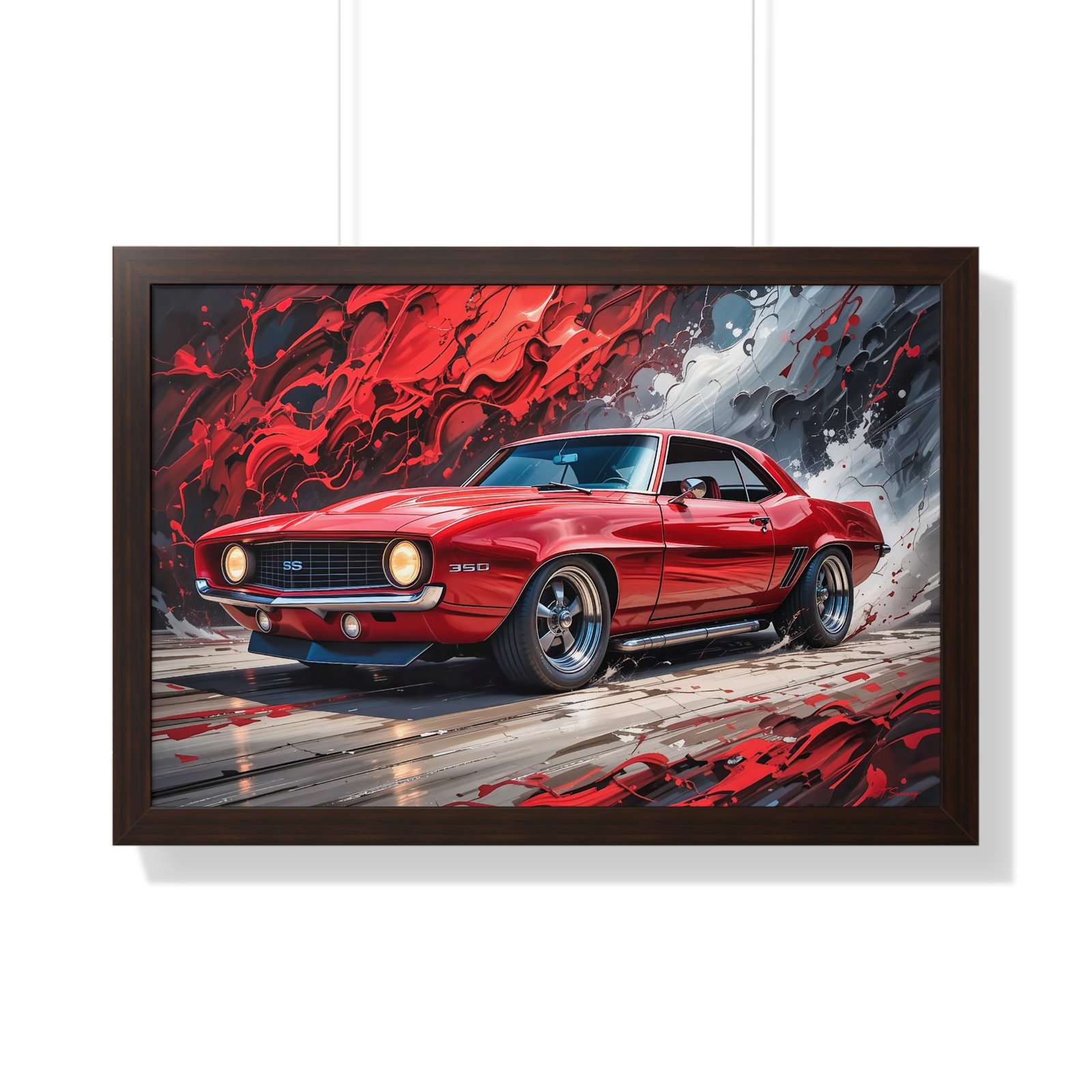 1969 Red Camaro SS Hot Rod Wall Art Framed Print with Textured Oil Paint Style Background | Studio Edition Collector’s Artwork - Image 16