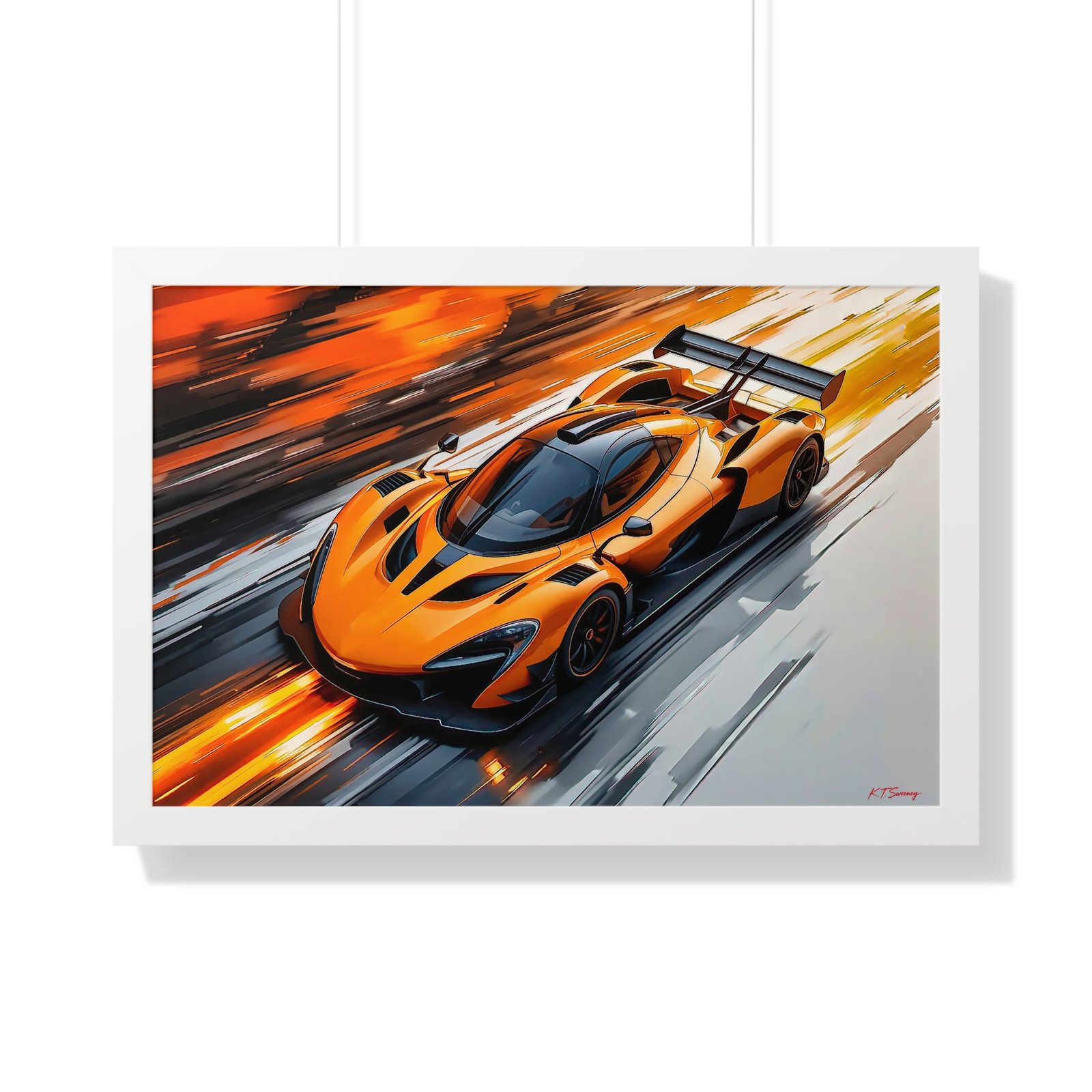 Limited Edition McLaren Inspired Supercar Wall Art Framed Print in Papaya Orange and Black Livery with Watercolor Style Textured Design | Collector’s Motorsport Artwork - Image 25