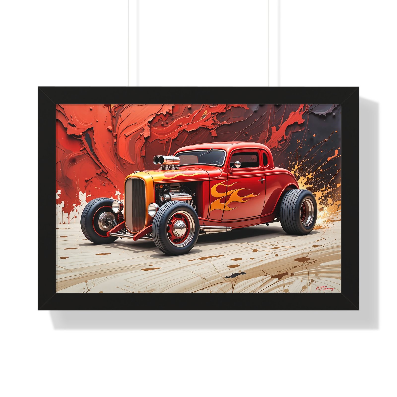 Limited Collector’s Edition 1932 Deuce Coupe Hot Rod in Red with Yellow Flames Wall Art Framed Print | Classic Hot Rod Artwork - Image 4
