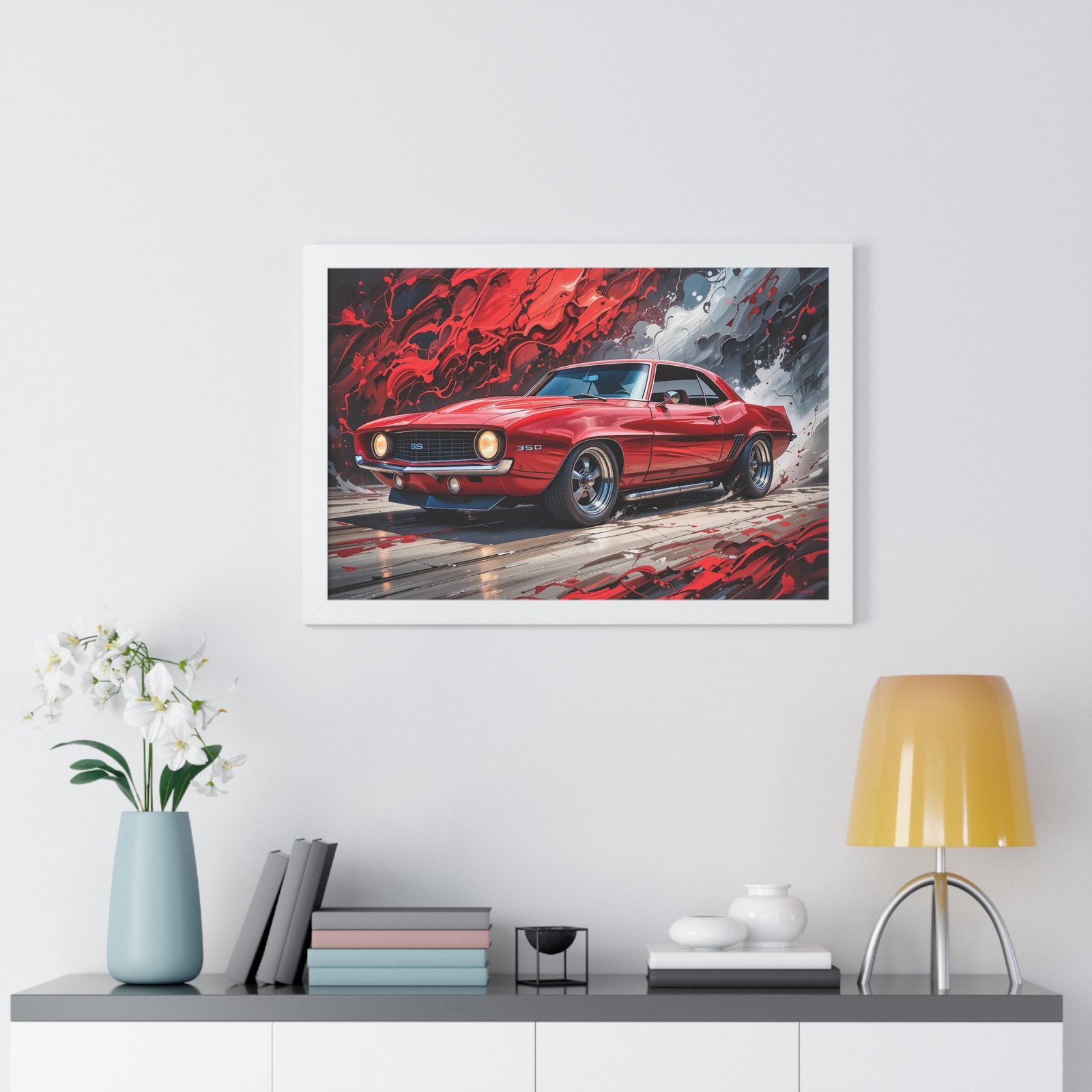 1969 Red Camaro SS Hot Rod Wall Art Framed Print with Textured Oil Paint Style Background | Studio Edition Collector’s Artwork - Image 26