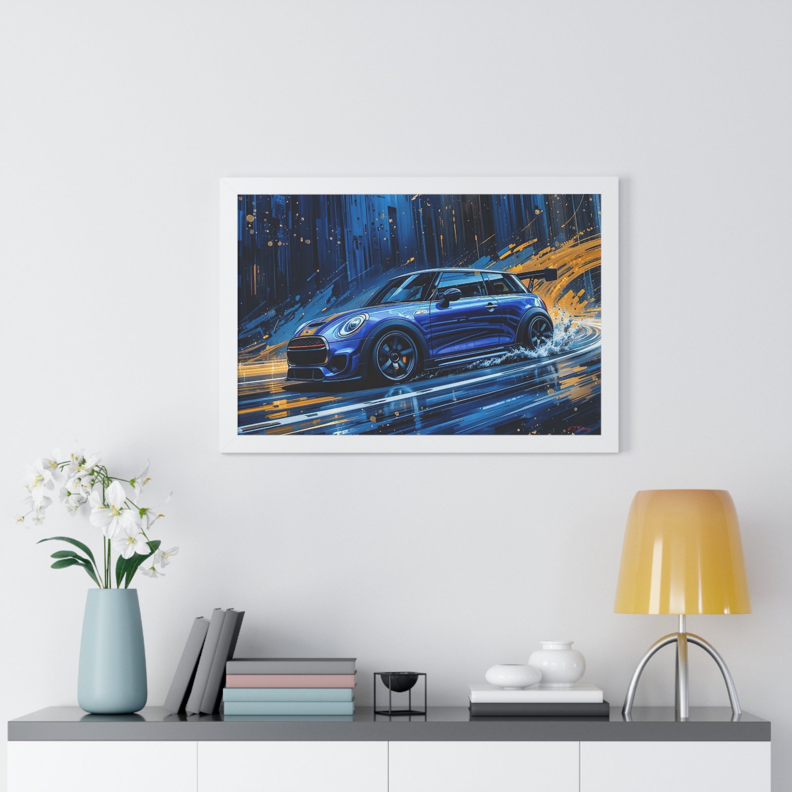 Blue Mini Cooper S Wall Art Framed Print with Dynamic Dramatic Background | Studio Edition Collector’s Artwork - Image 26