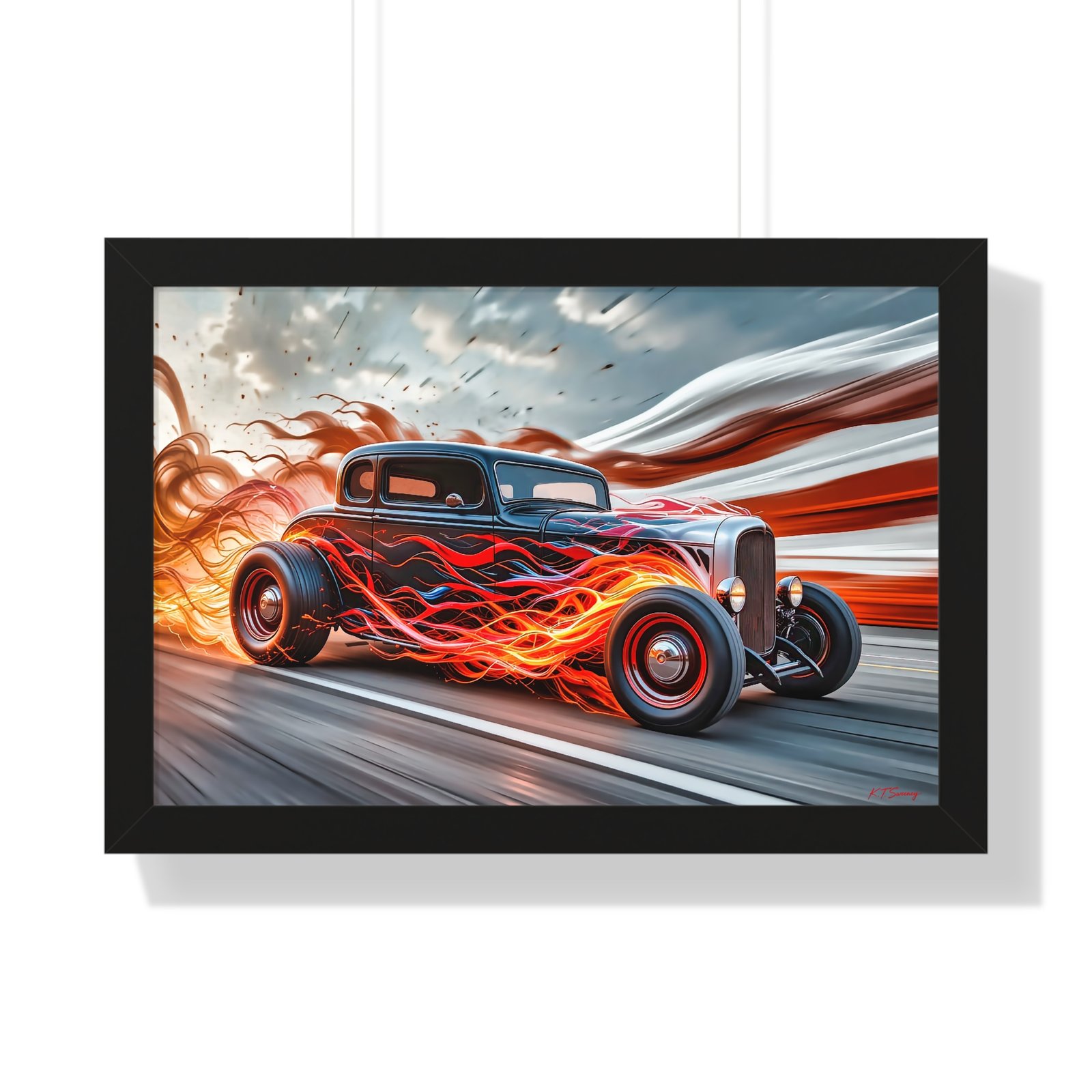 Limited Edition Hot Rod Wall Art Framed Print with Flames with American Flag - Image 4